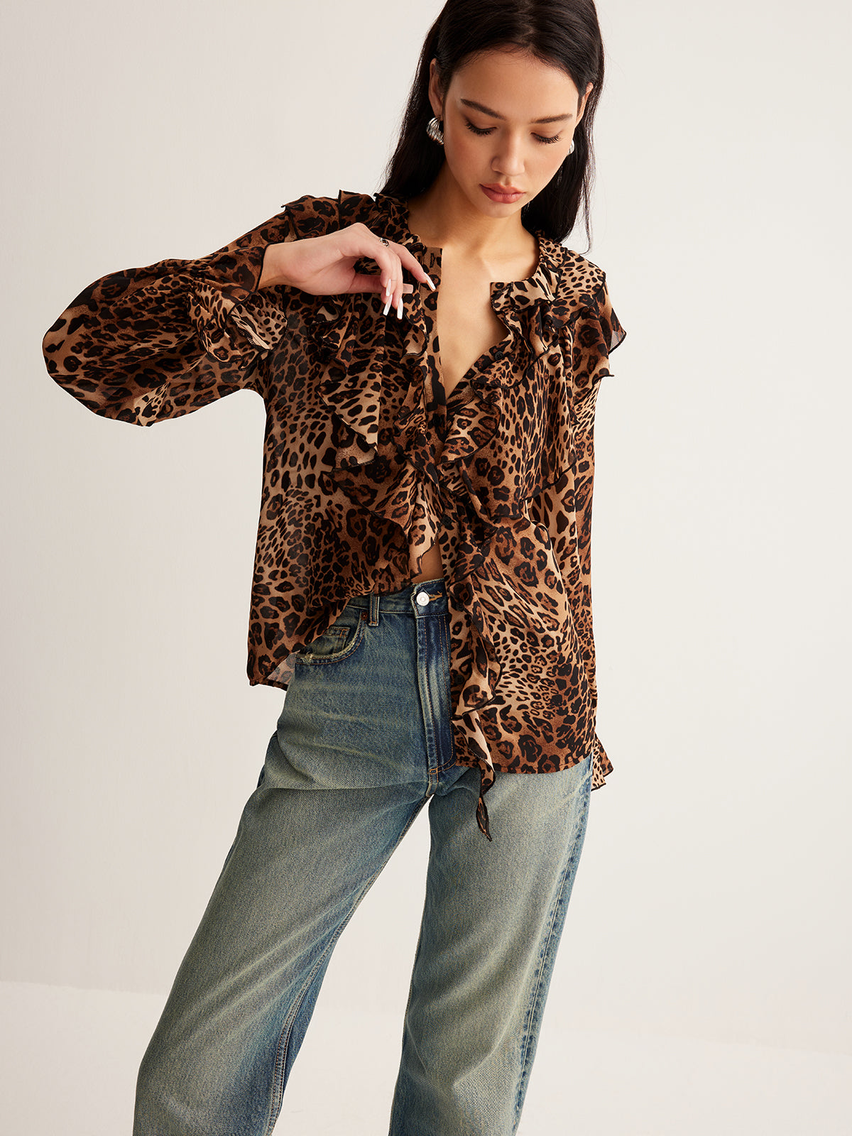 Leopard Printed Ruffle Blouse-Massicos