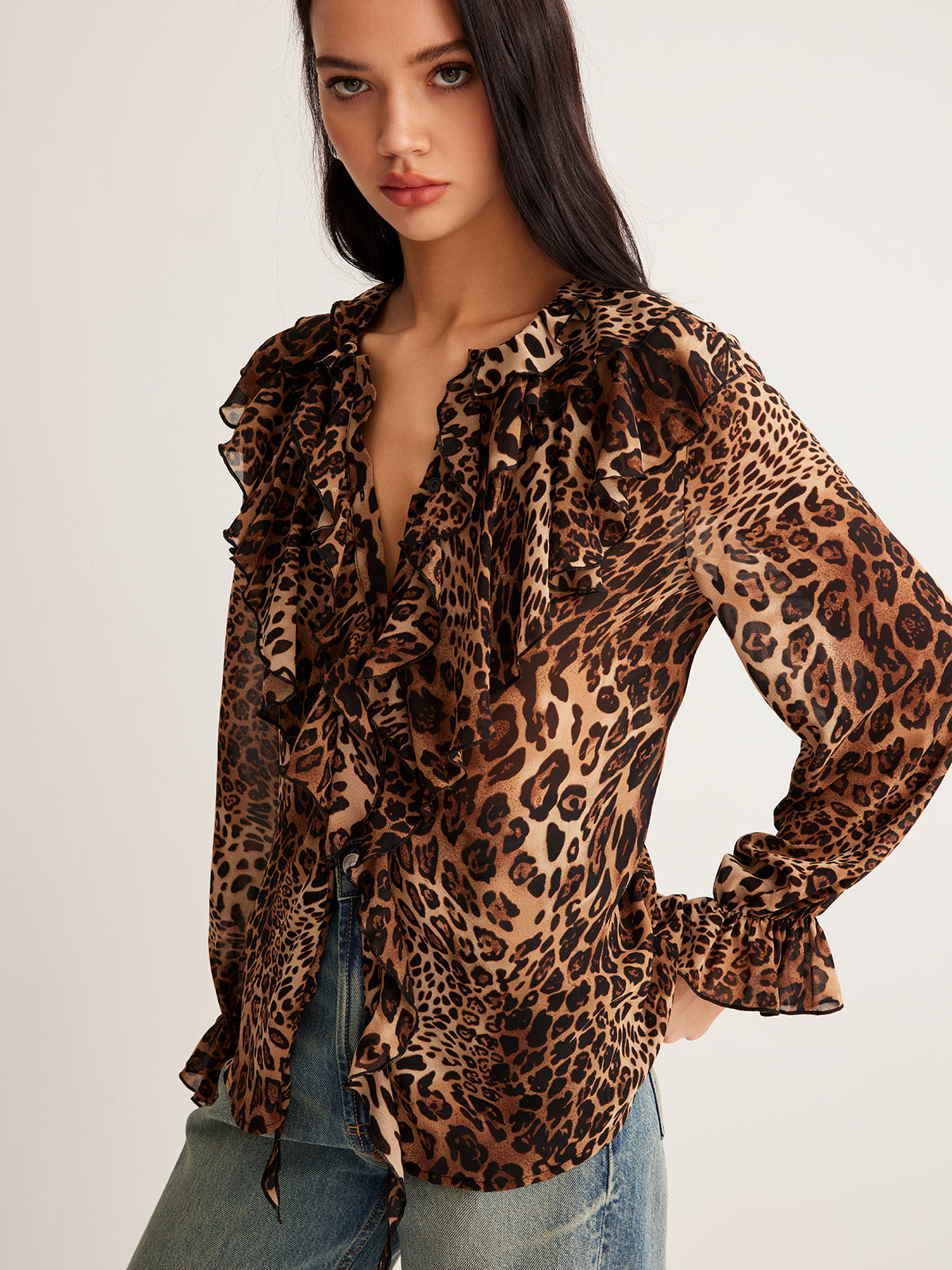 Leopard Printed Ruffle Blouse-Massicos