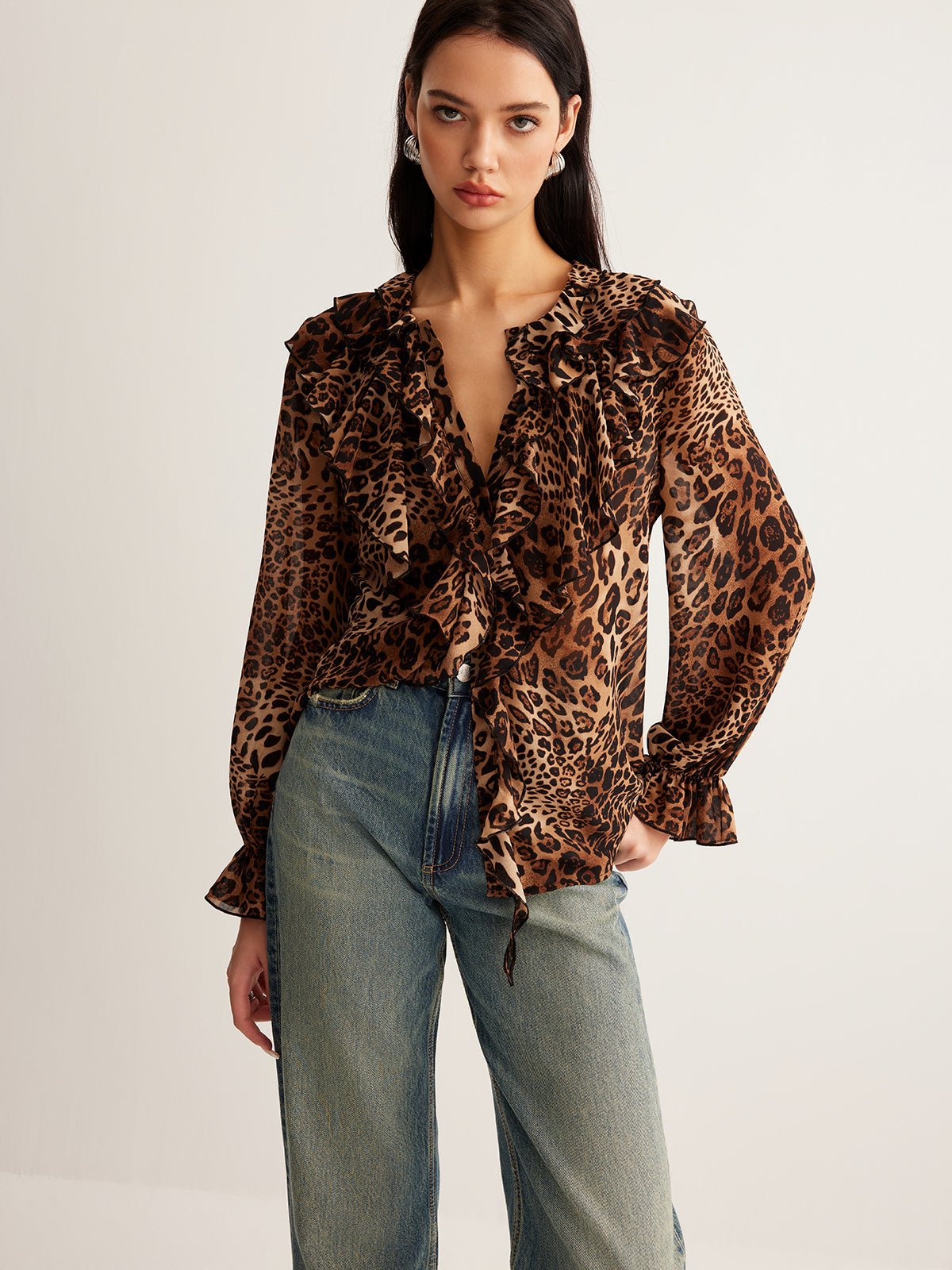 Leopard Printed Ruffle Blouse-Massicos