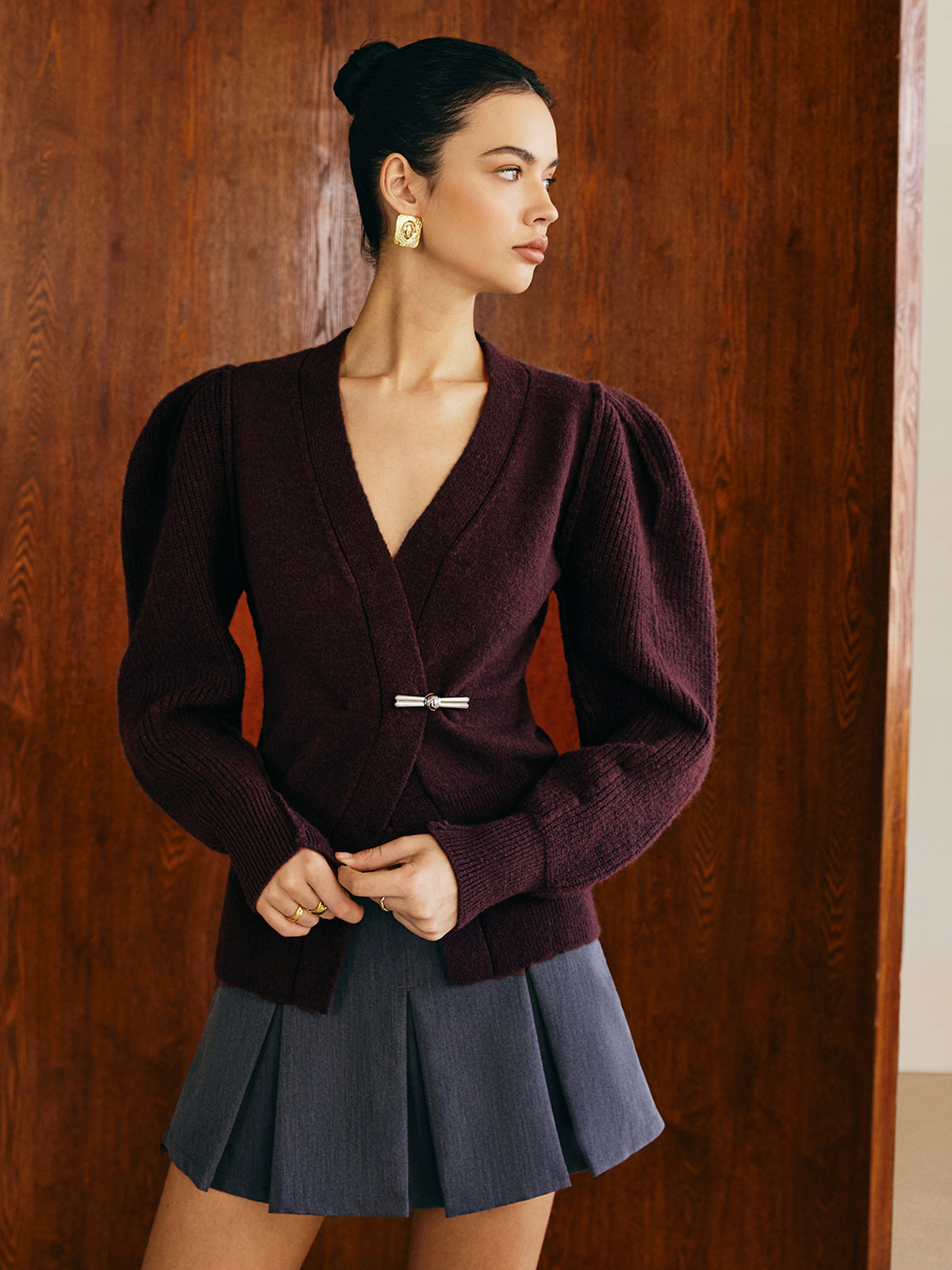 V-Neck Puff-Sleeve Cardigan-Massicos