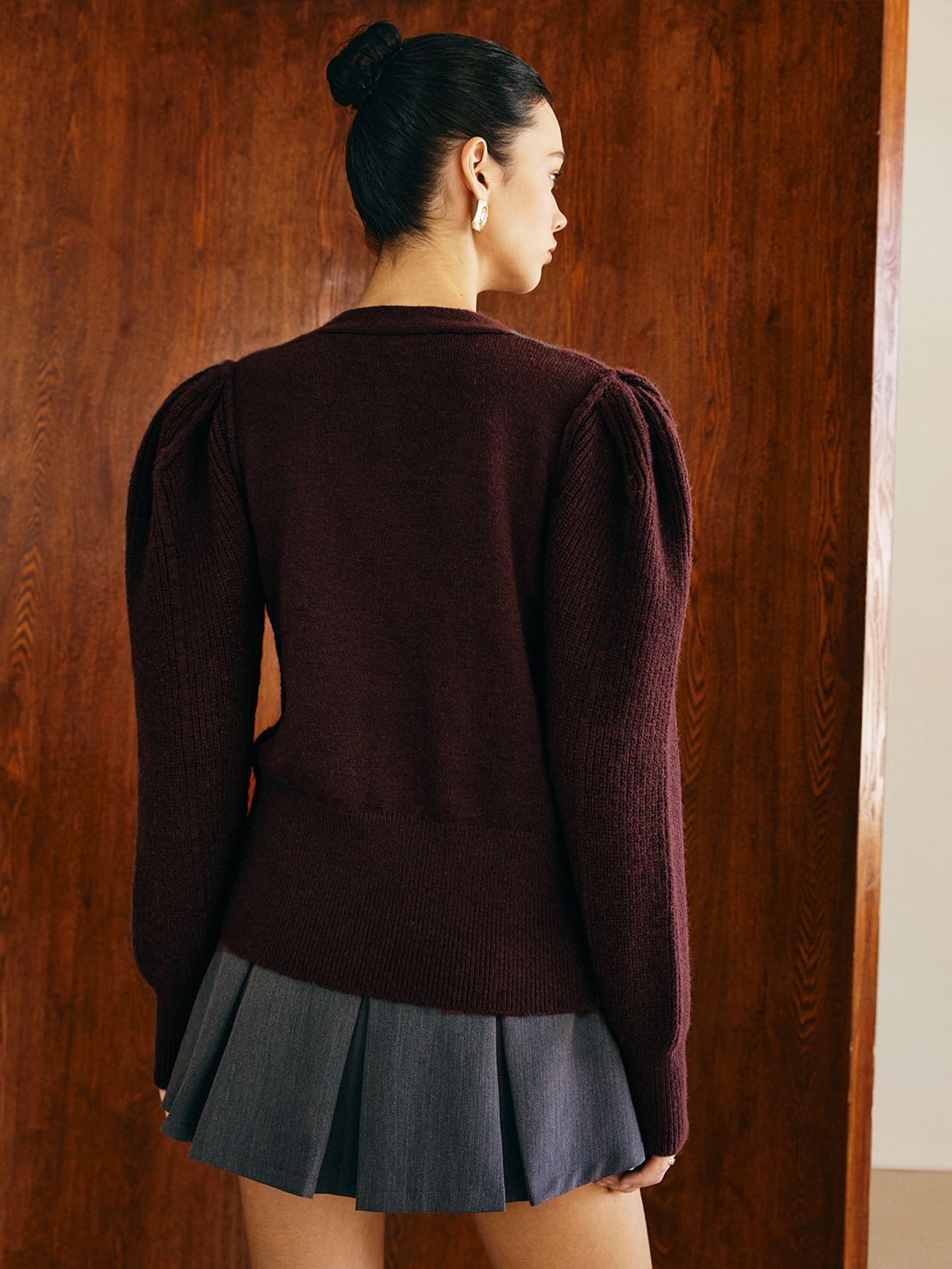 V-Neck Puff-Sleeve Cardigan-Massicos