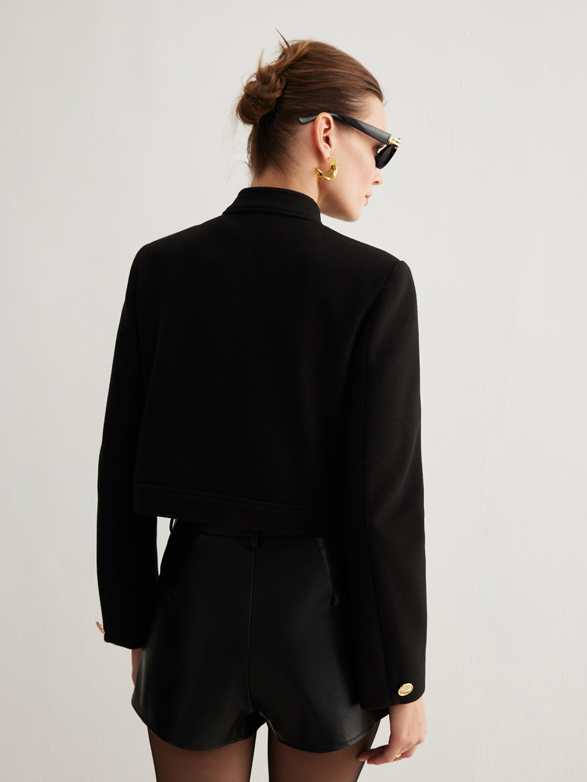 Stand Collar Button Tweed Short Jacket-Massicos