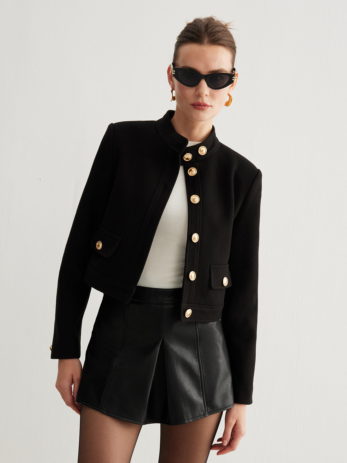 Stand Collar Button Tweed Short Jacket-Massicos