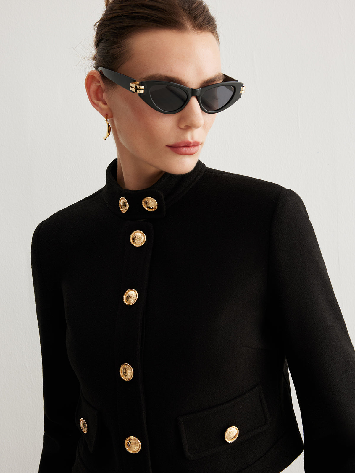 Stand Collar Button Tweed Short Jacket-Massicos