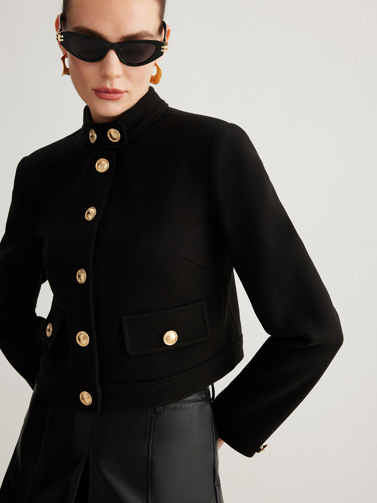 Stand Collar Button Tweed Short Jacket-Massicos