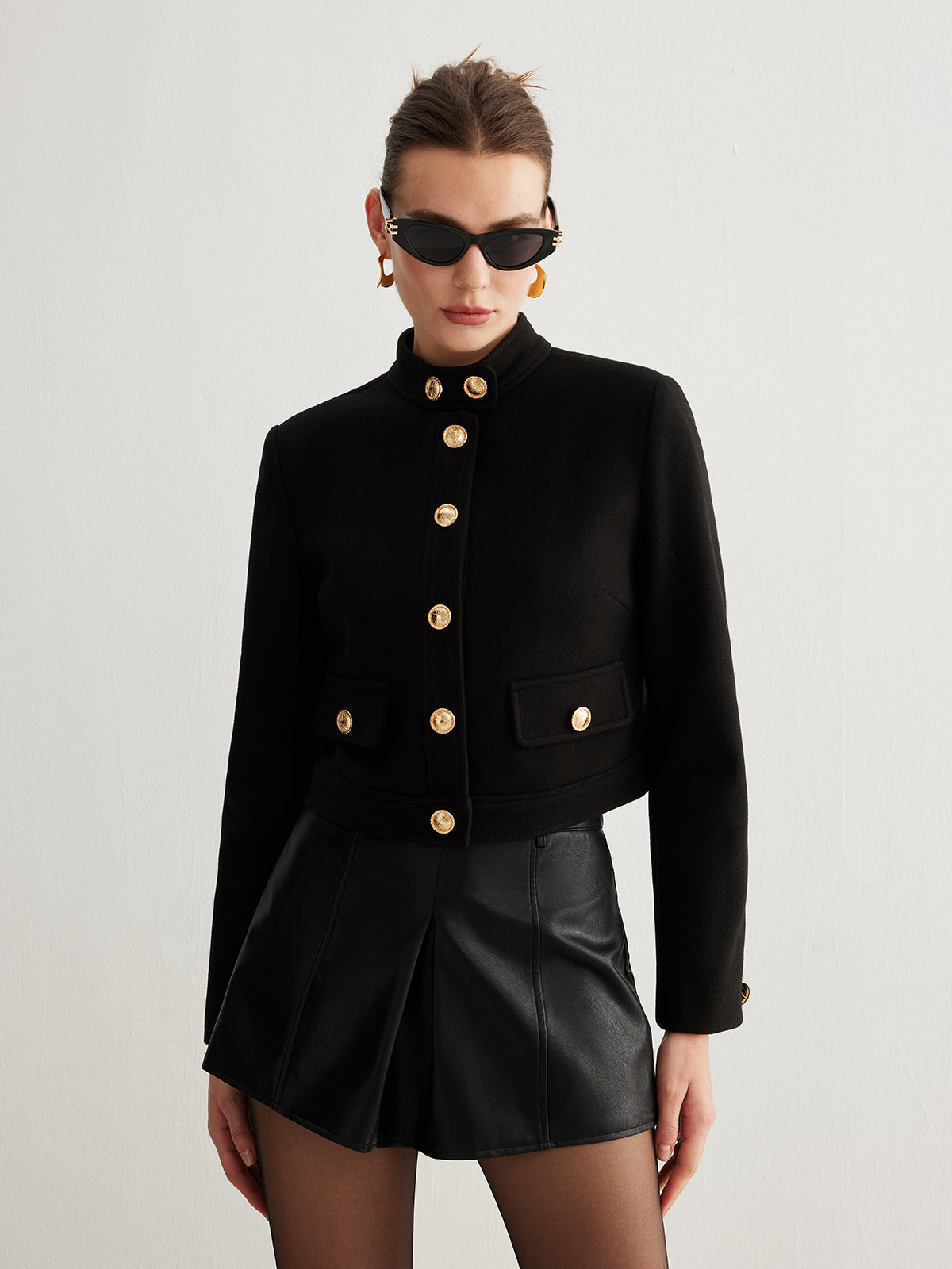 Stand Collar Button Tweed Short Jacket-Massicos