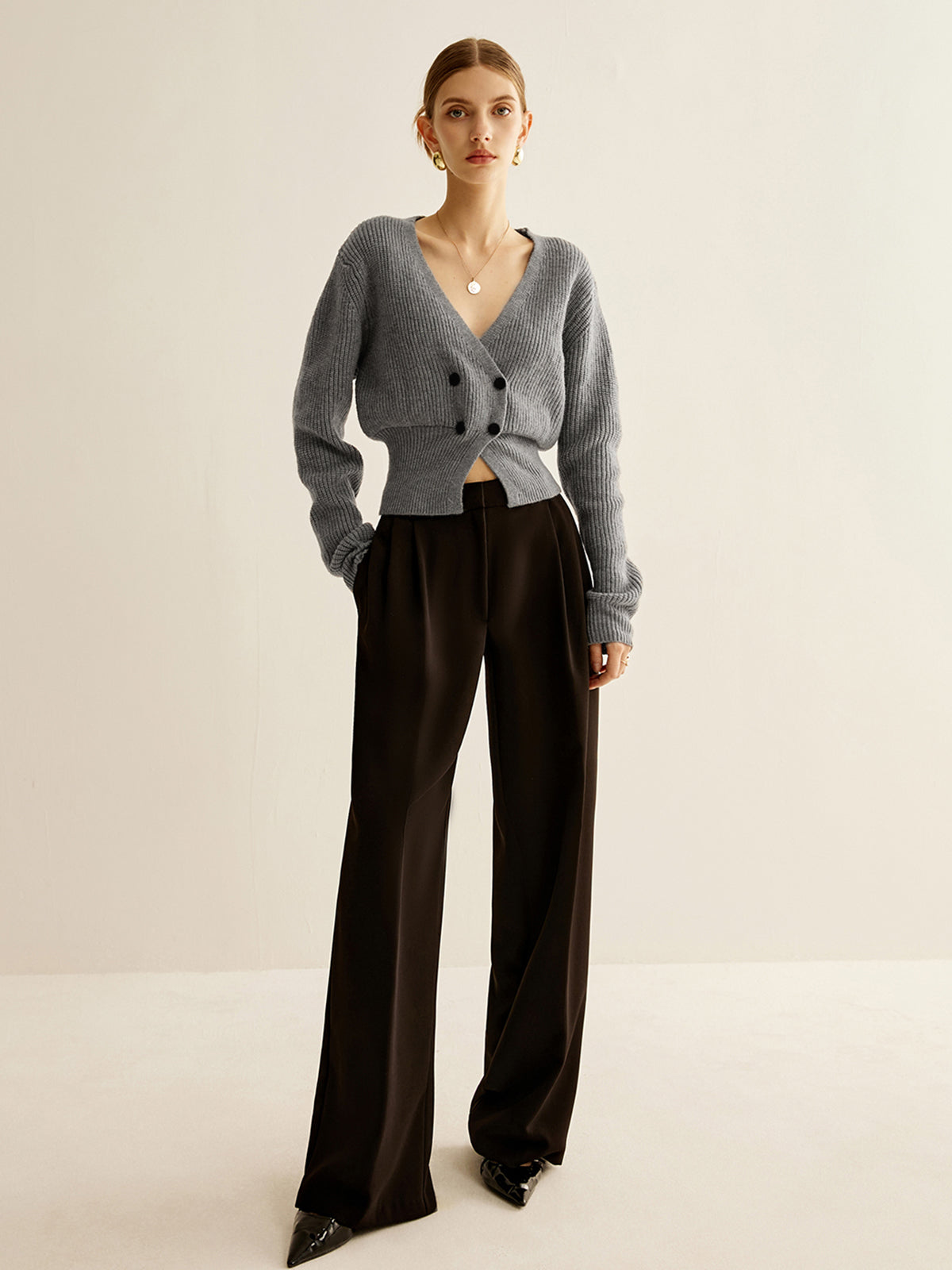 V-Neck Button Cinched Cardigan-Massicos