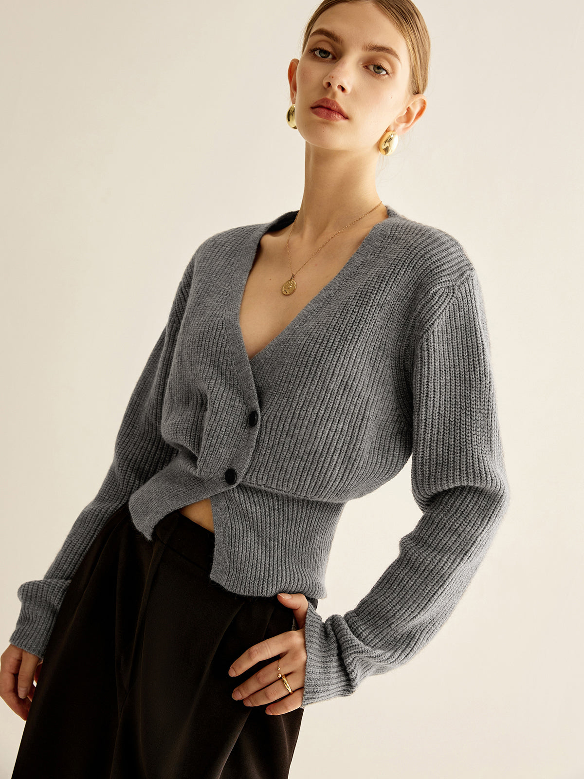 V-Neck Button Cinched Cardigan-Massicos