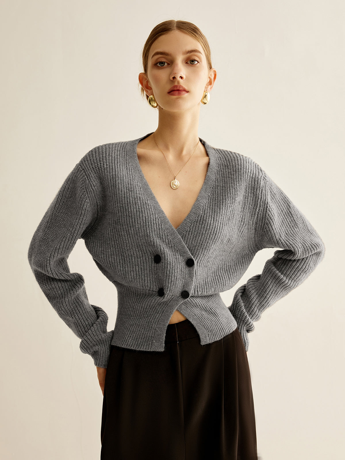 V-Neck Button Cinched Cardigan-Massicos