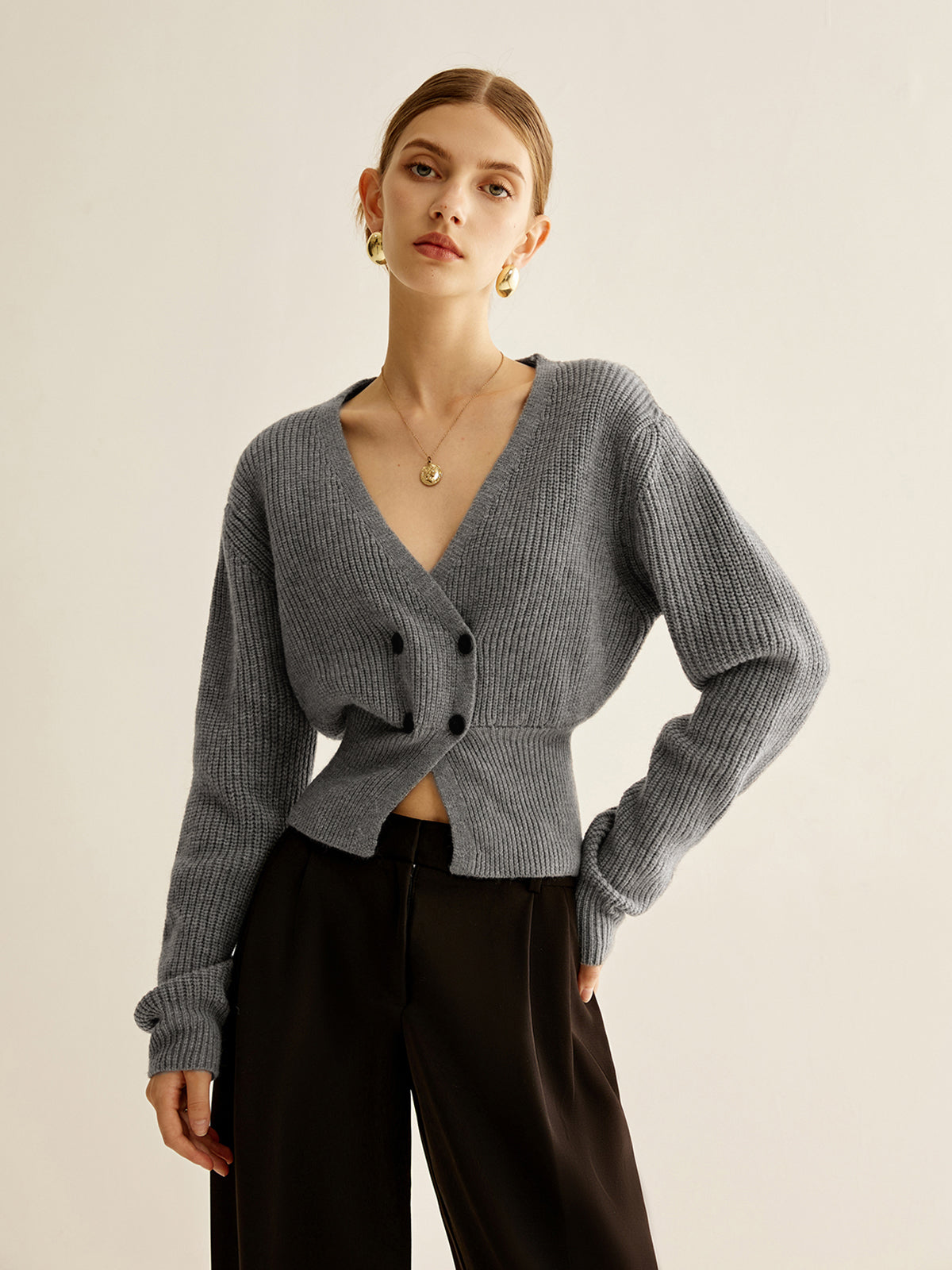 V-Neck Button Cinched Cardigan-Massicos