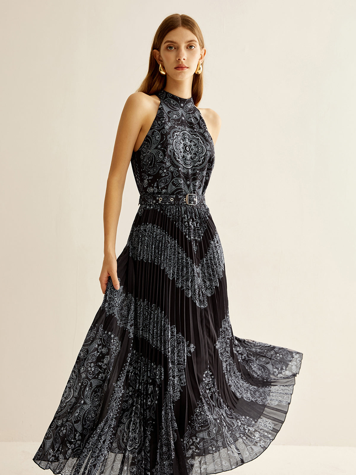 Boheme Sleeveless Pleated Dress With Belt-Massicos