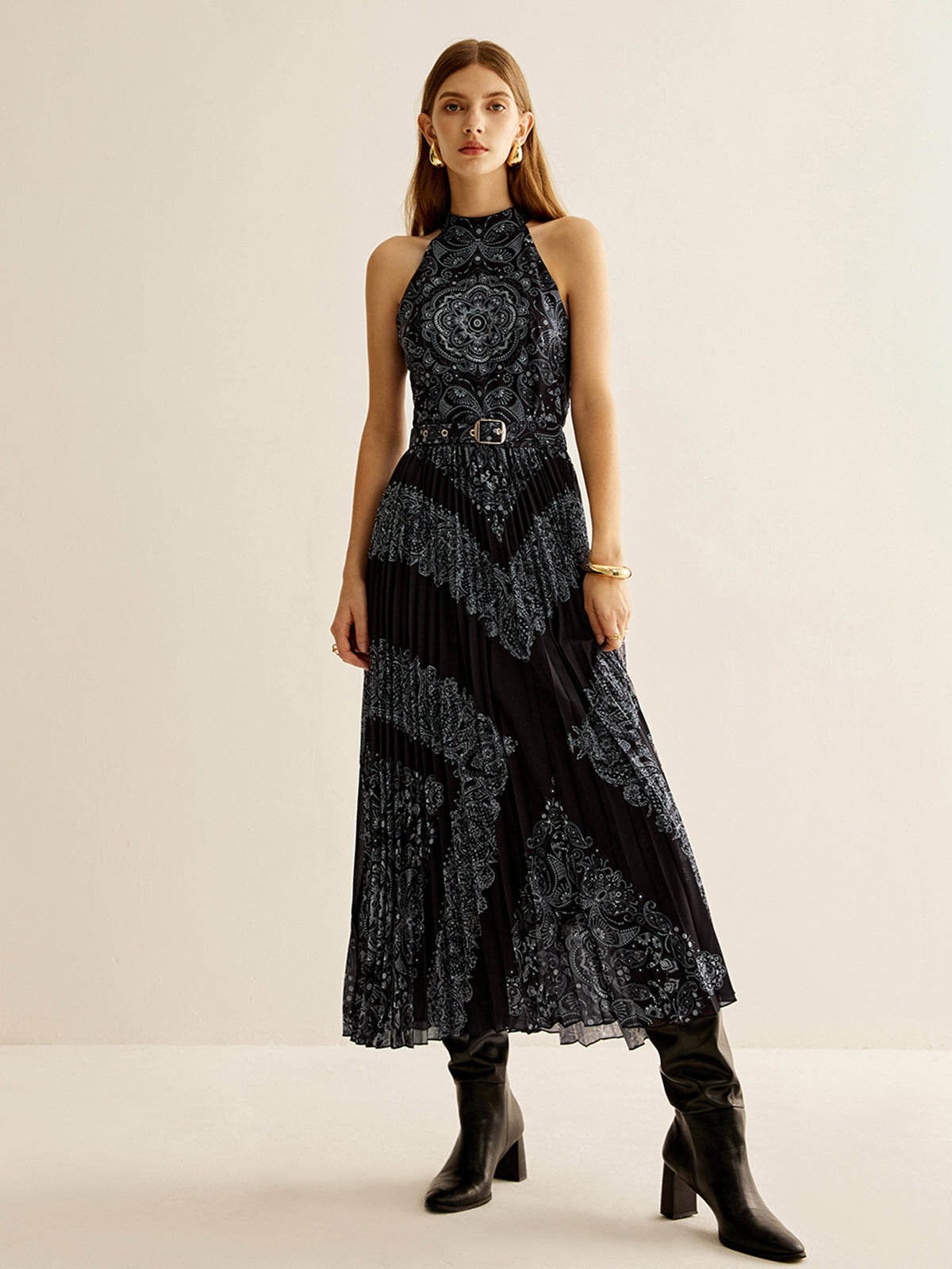 Boheme Sleeveless Pleated Dress With Belt-Massicos