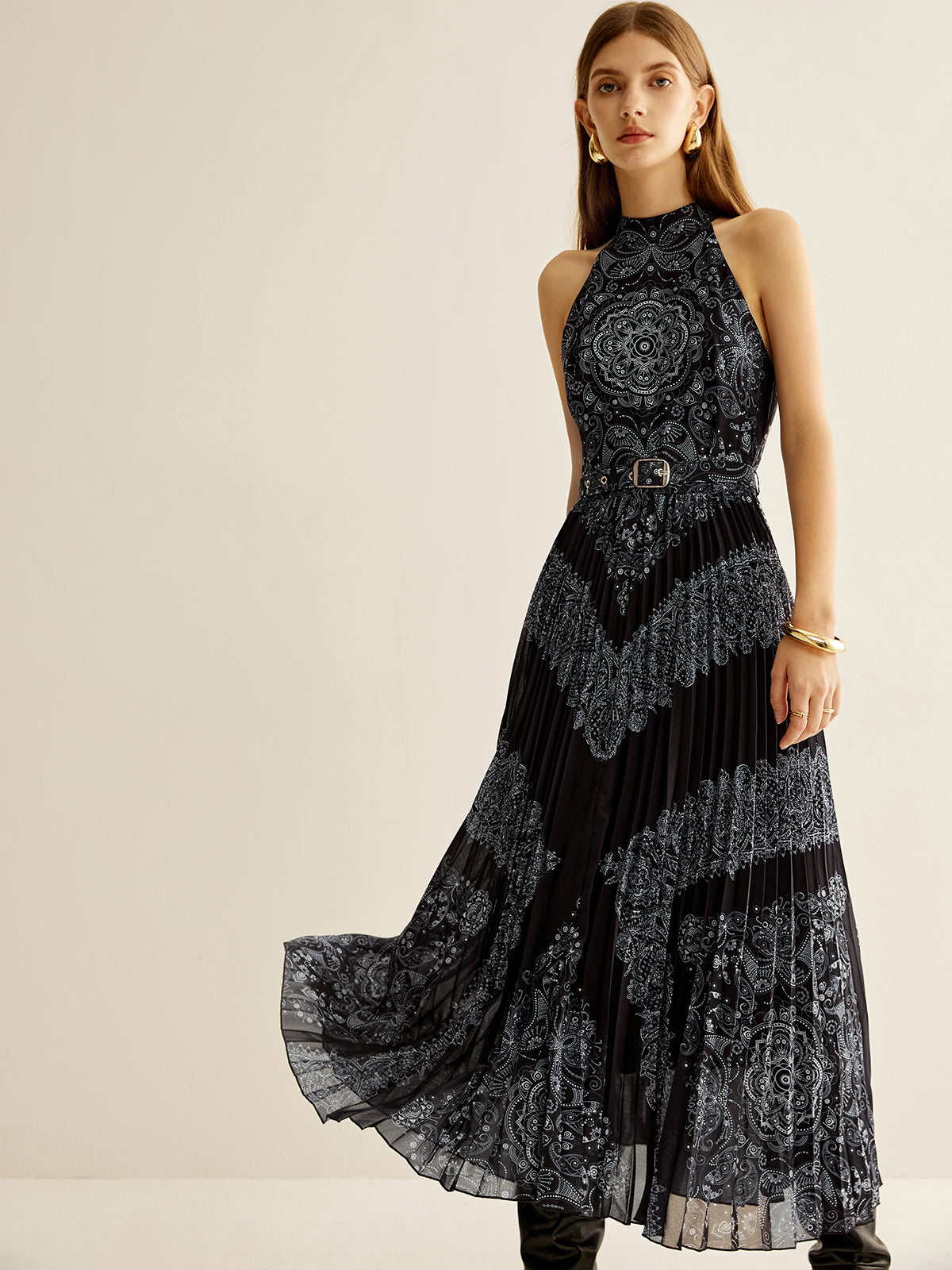 Boheme Sleeveless Pleated Dress With Belt-Massicos