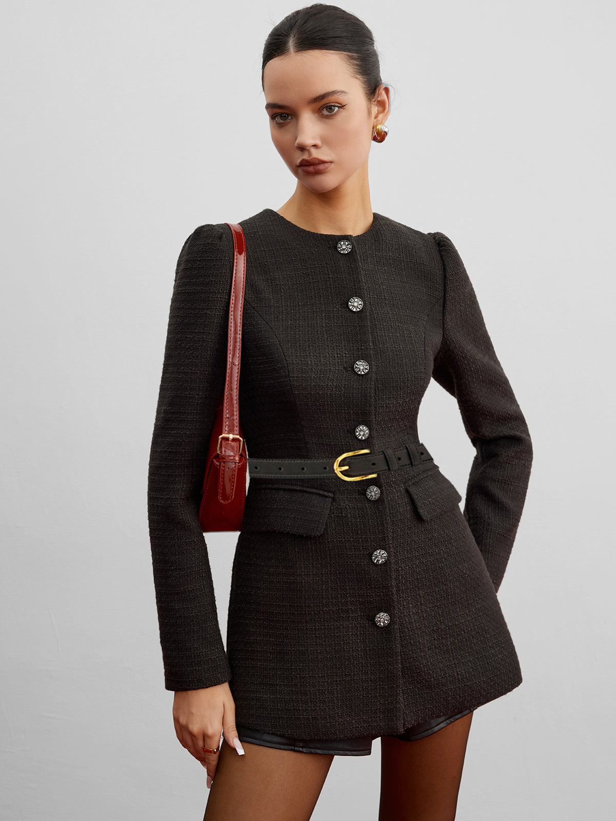 Elegant Button Down Tweed Blazer Without Belt-Massicos