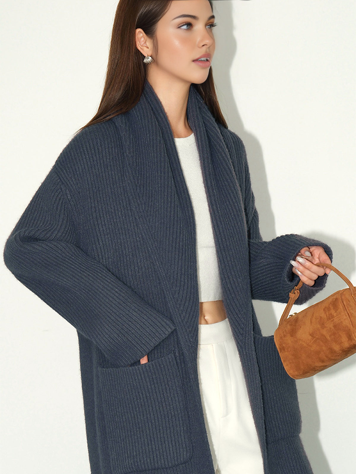 Plain Ribbed Pockets Long Cardigan-Massicos
