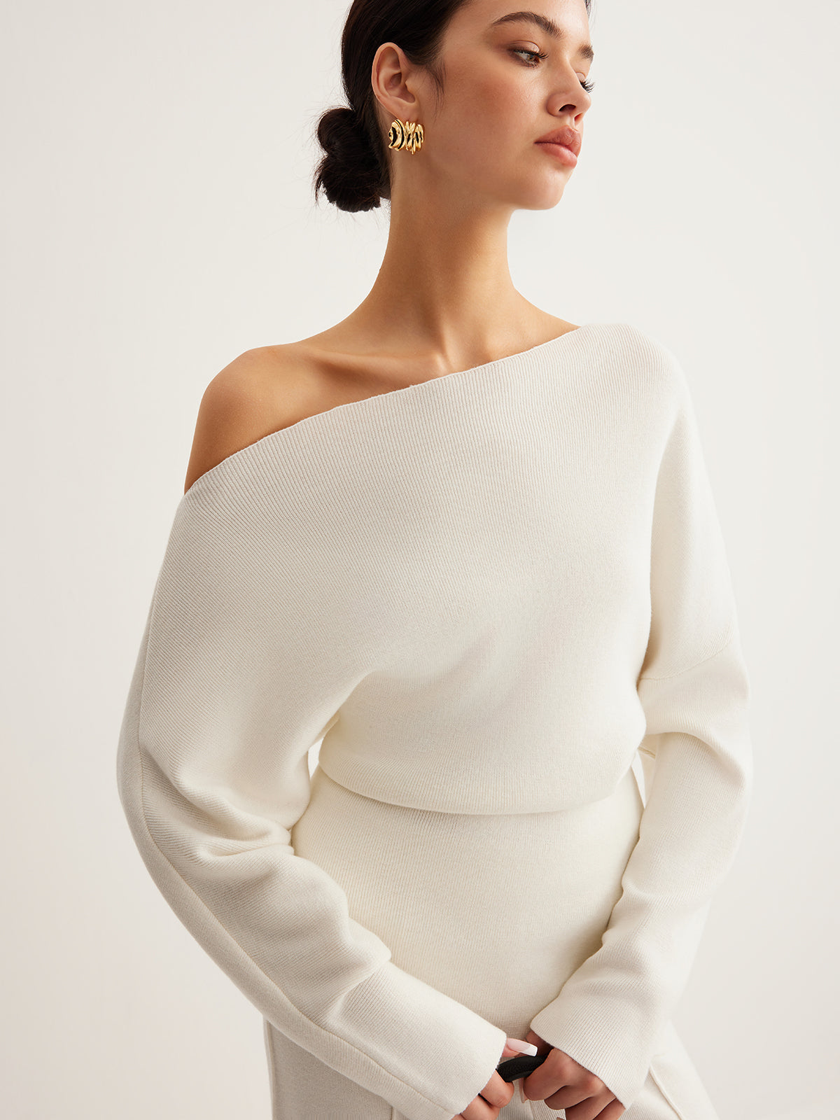 Wool-Blend Asymmetrical Neck Knit Top-Massicos