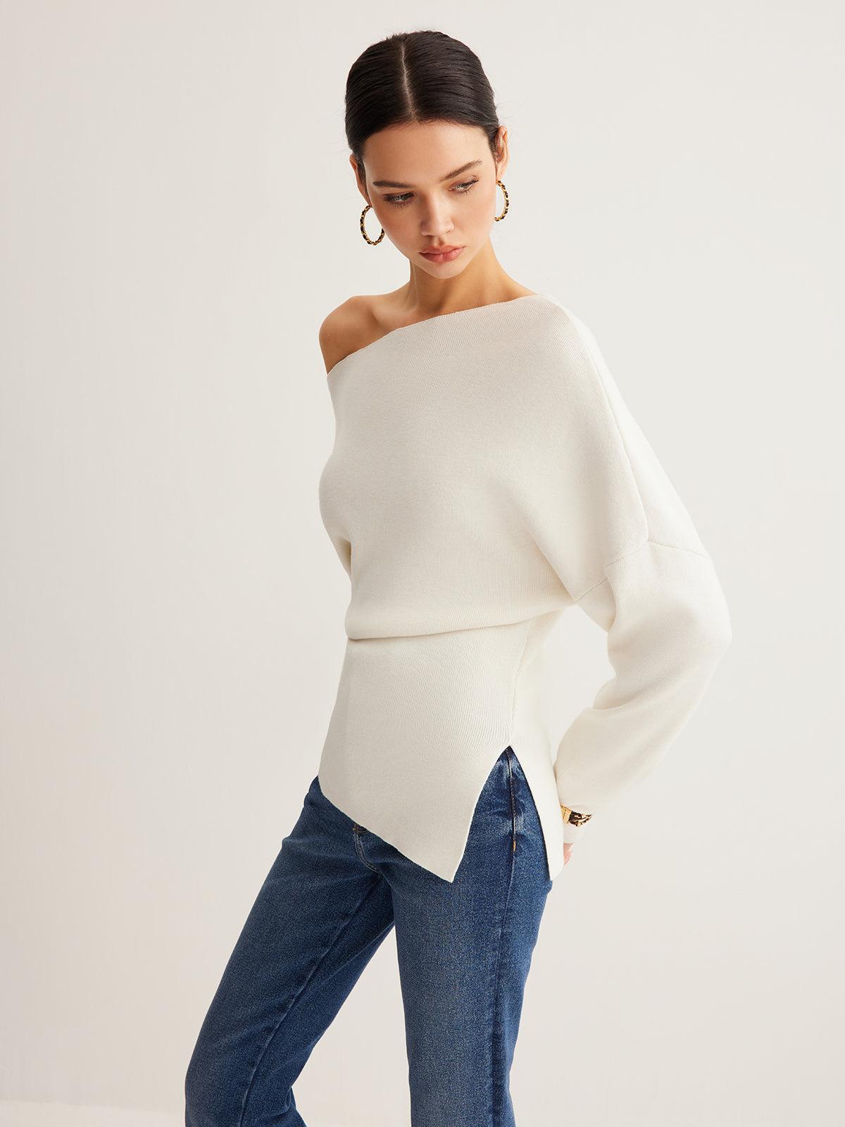 Wool-Blend Asymmetrical Neck Knit Top-Massicos