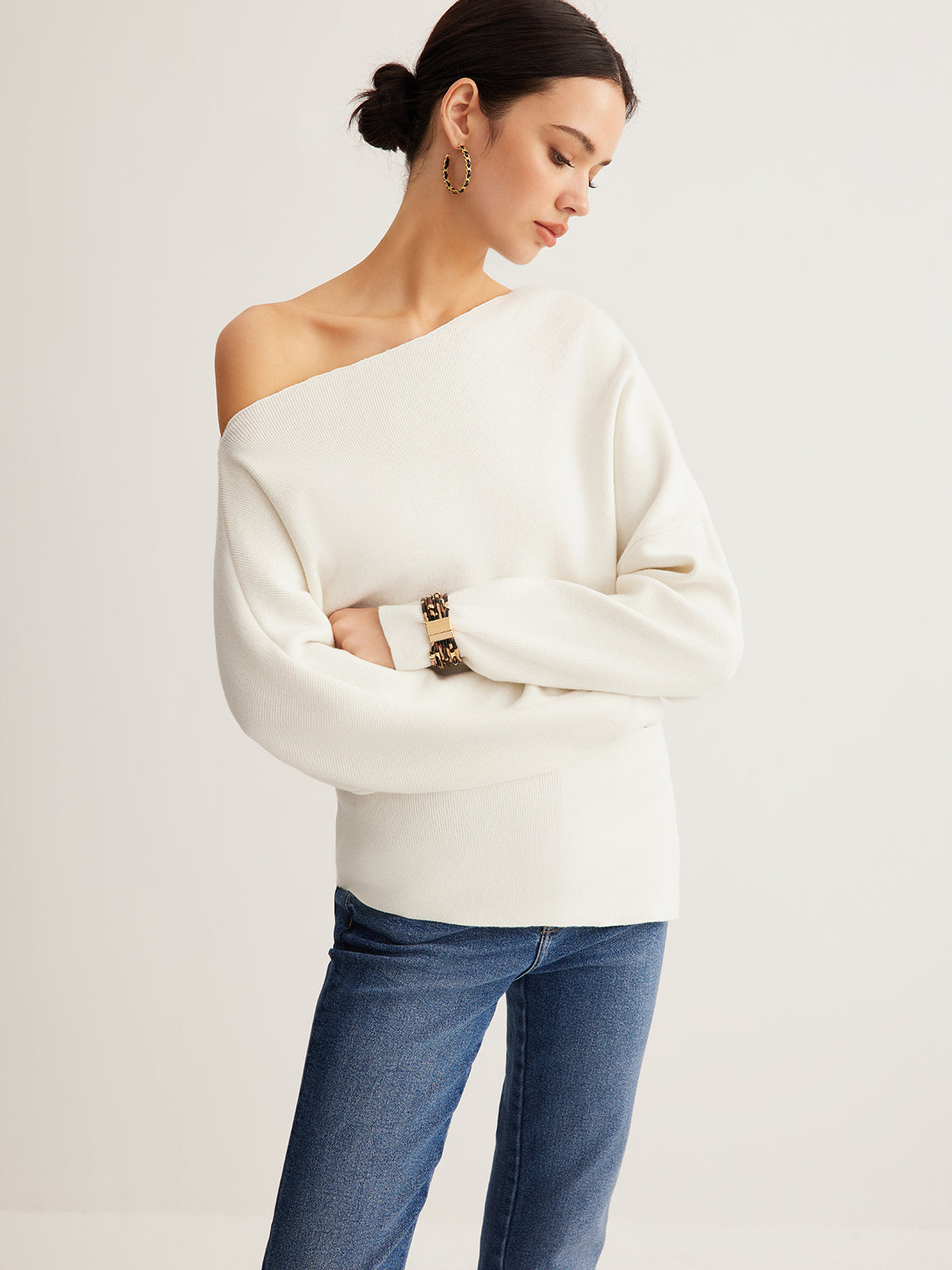 Wool-Blend Asymmetrical Neck Knit Top-Massicos