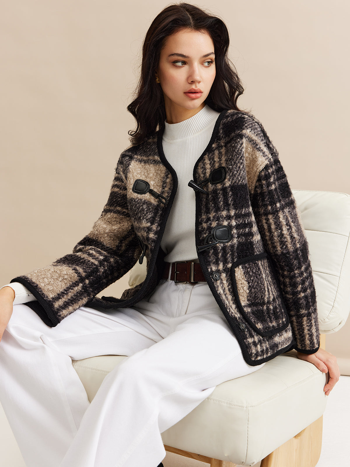 Contrast Trim Checked Tweed Coat-Massicos