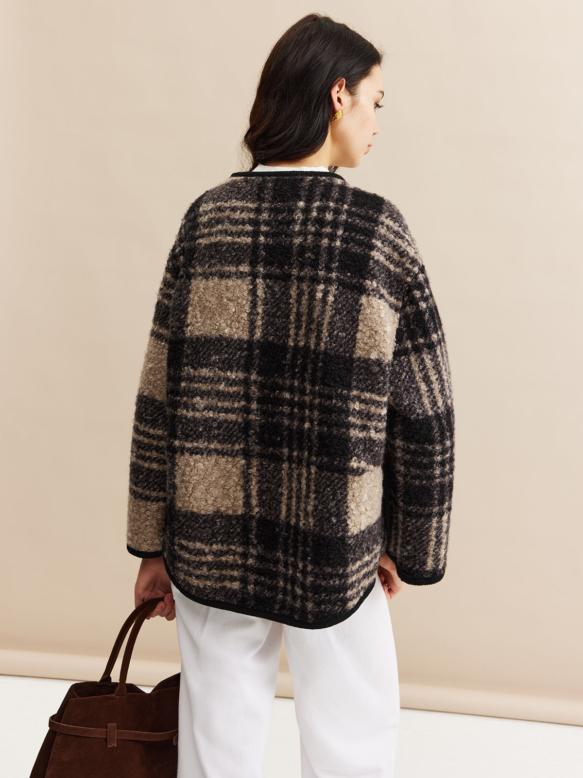 Contrast Trim Checked Tweed Coat-Massicos