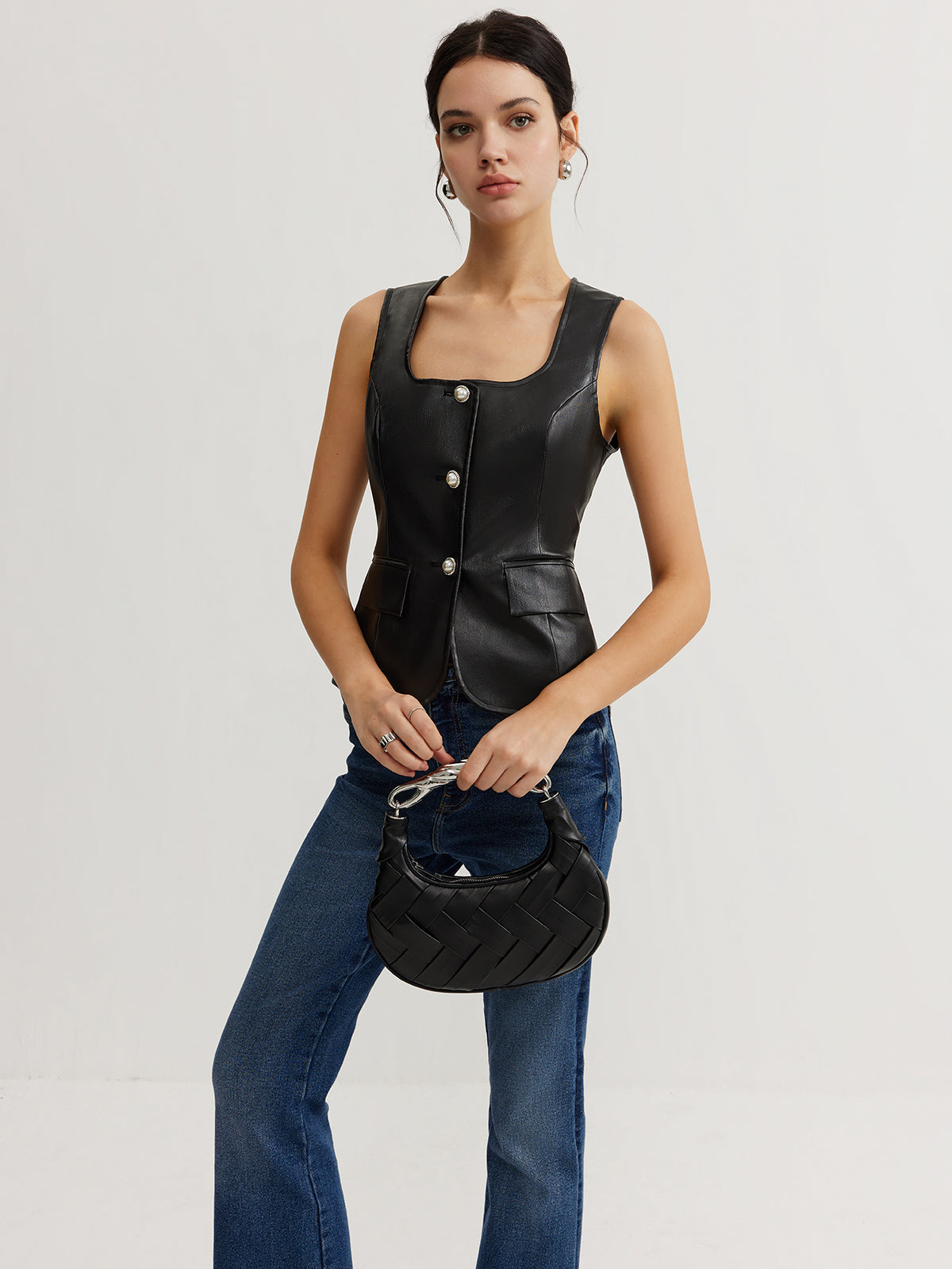 Faux Leather Button Vest-Massicos