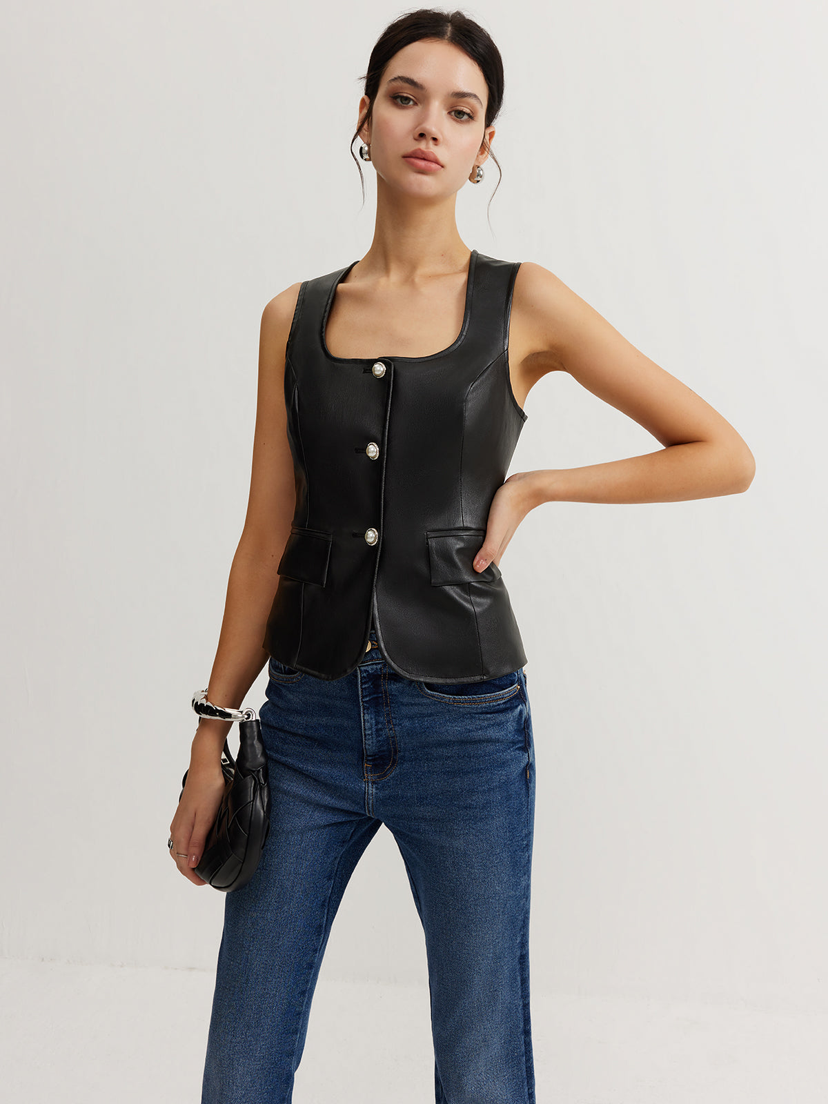 Faux Leather Button Vest-Massicos