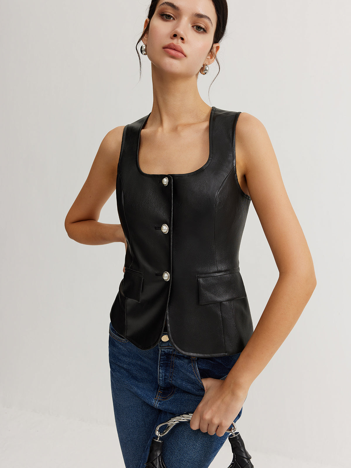 Faux Leather Button Vest-Massicos