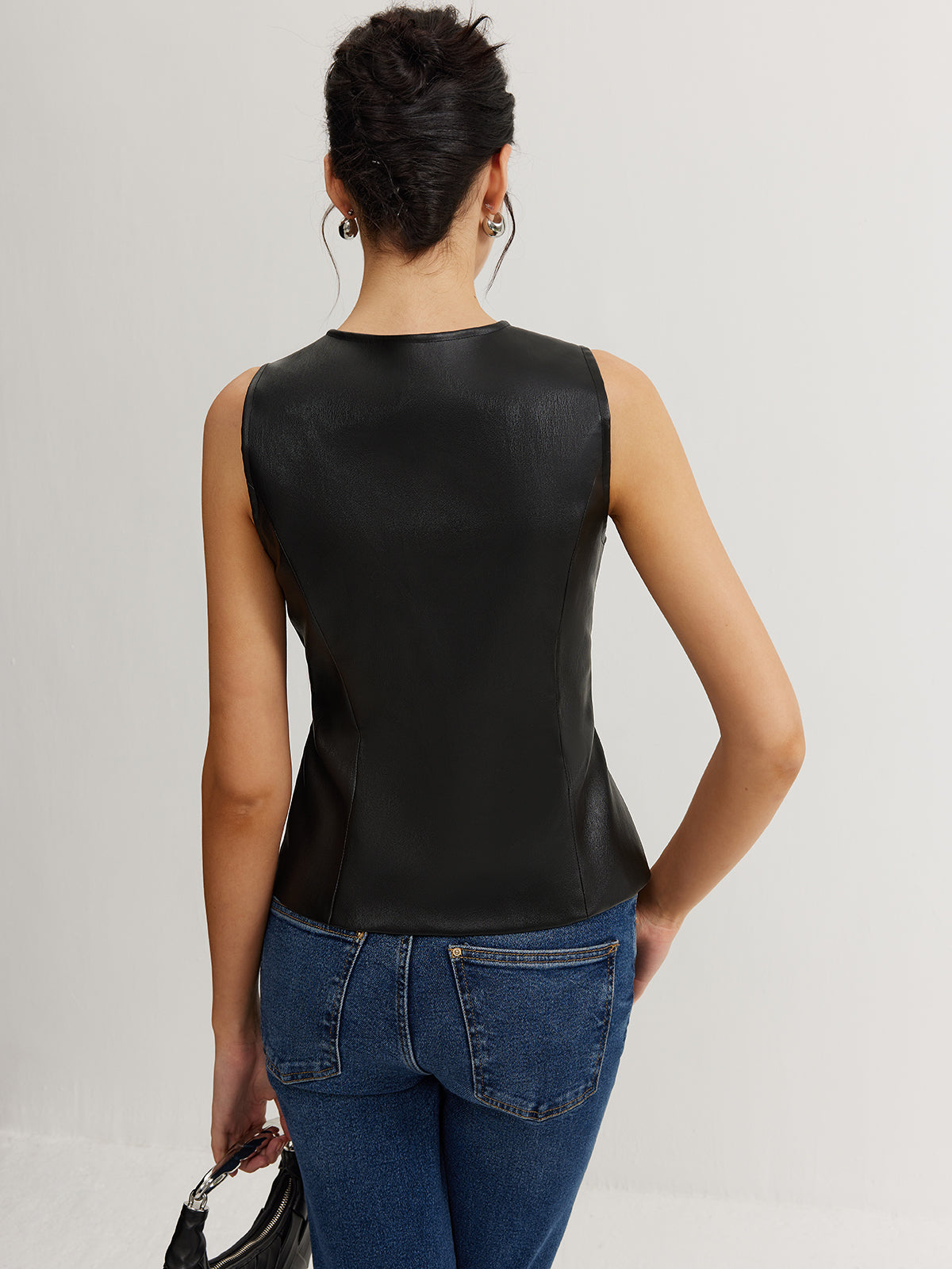 Faux Leather Button Vest-Massicos