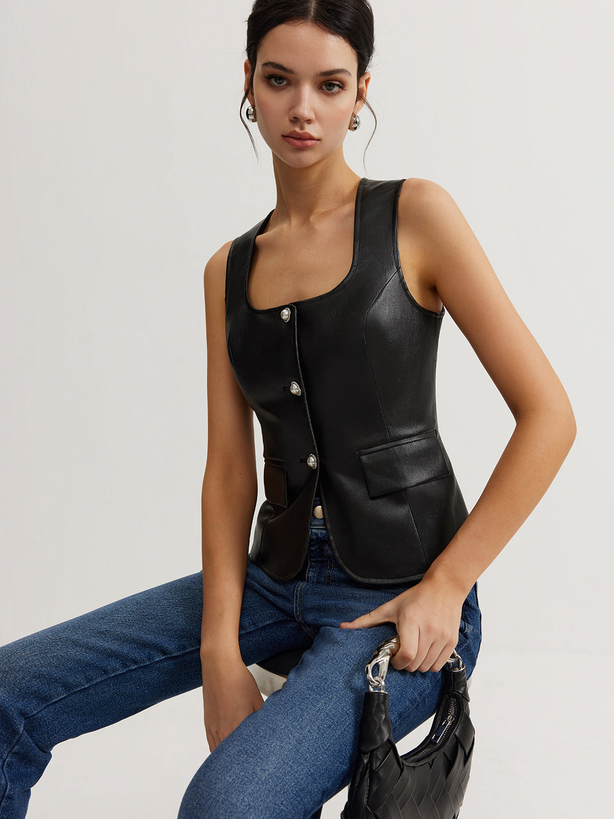 Faux Leather Button Vest-Massicos