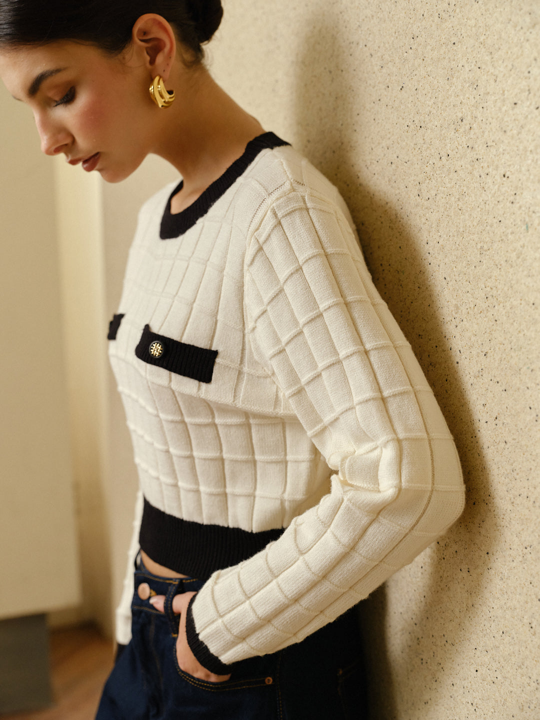 Contrast Trim Plaid Pullover Sweater-Massicos