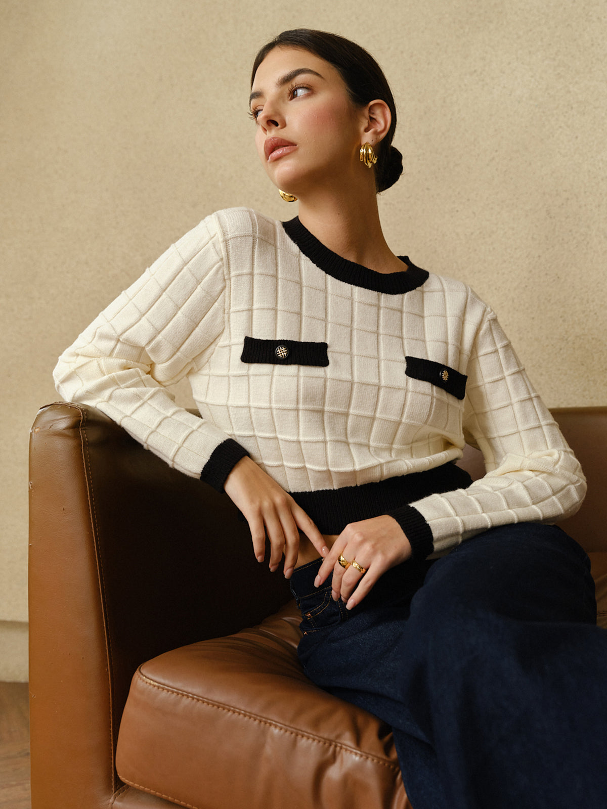 Contrast Trim Plaid Pullover Sweater-Massicos
