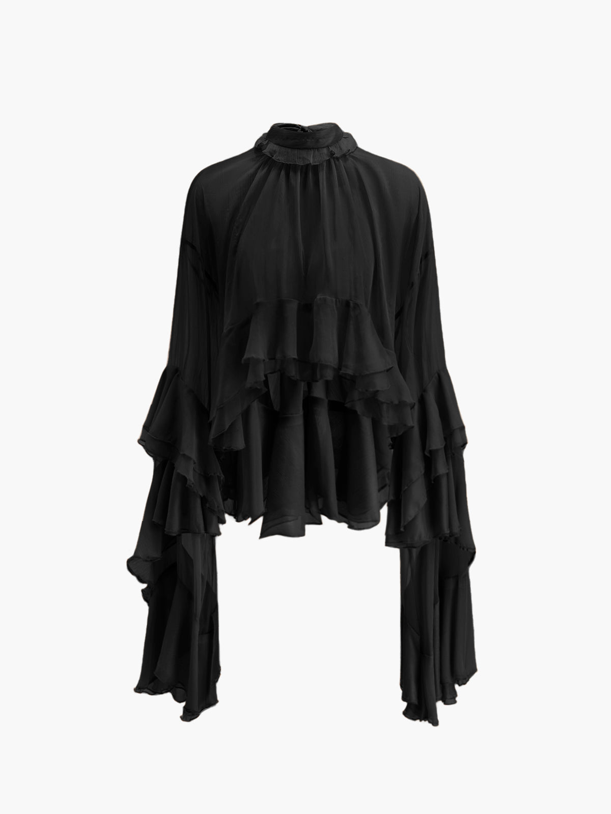 Sheer Turtleneck Ruffle Chiffon Blouse-Massicos