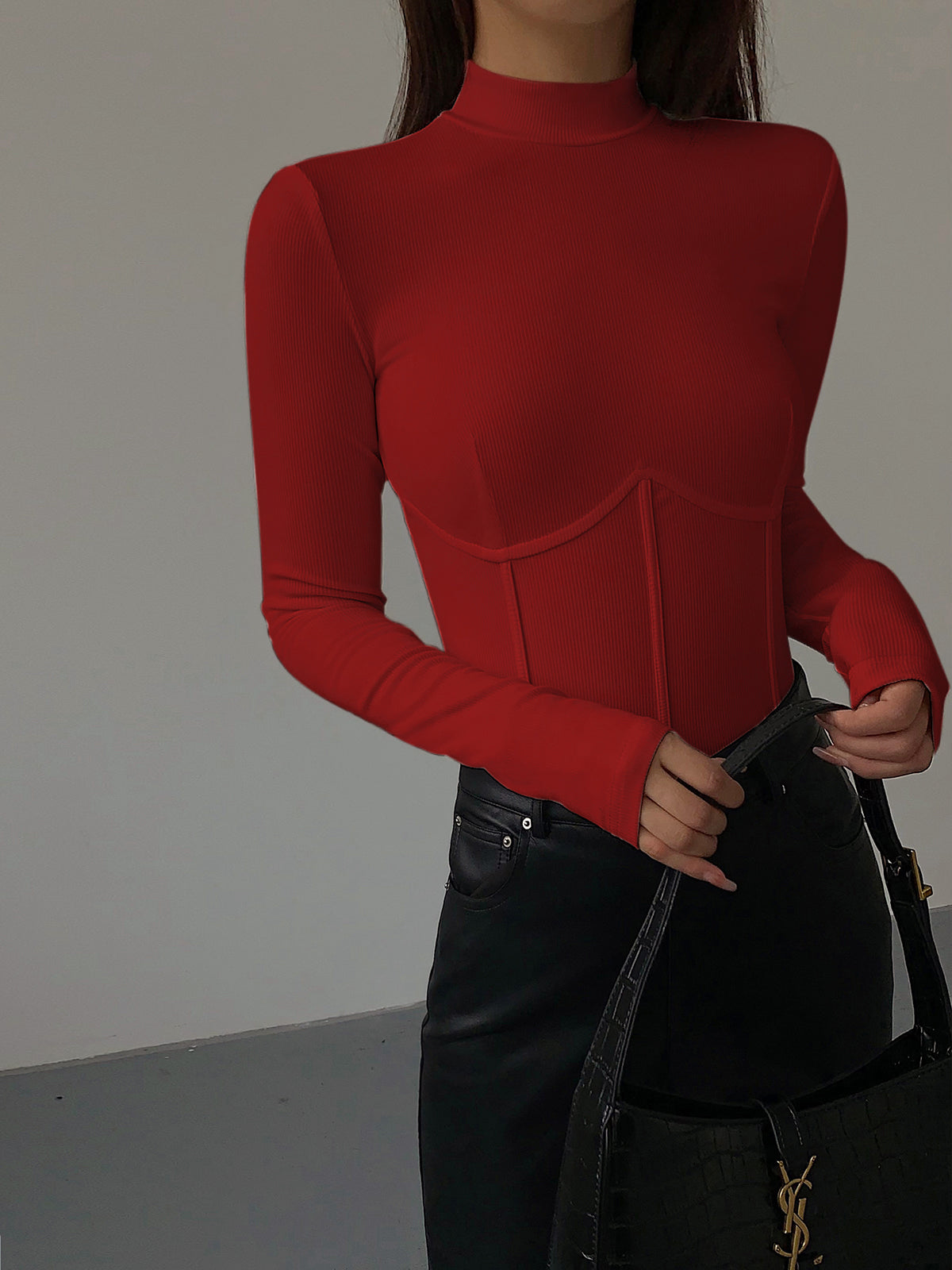 Mock Neck Piping Slim T-Shirt-Massicos