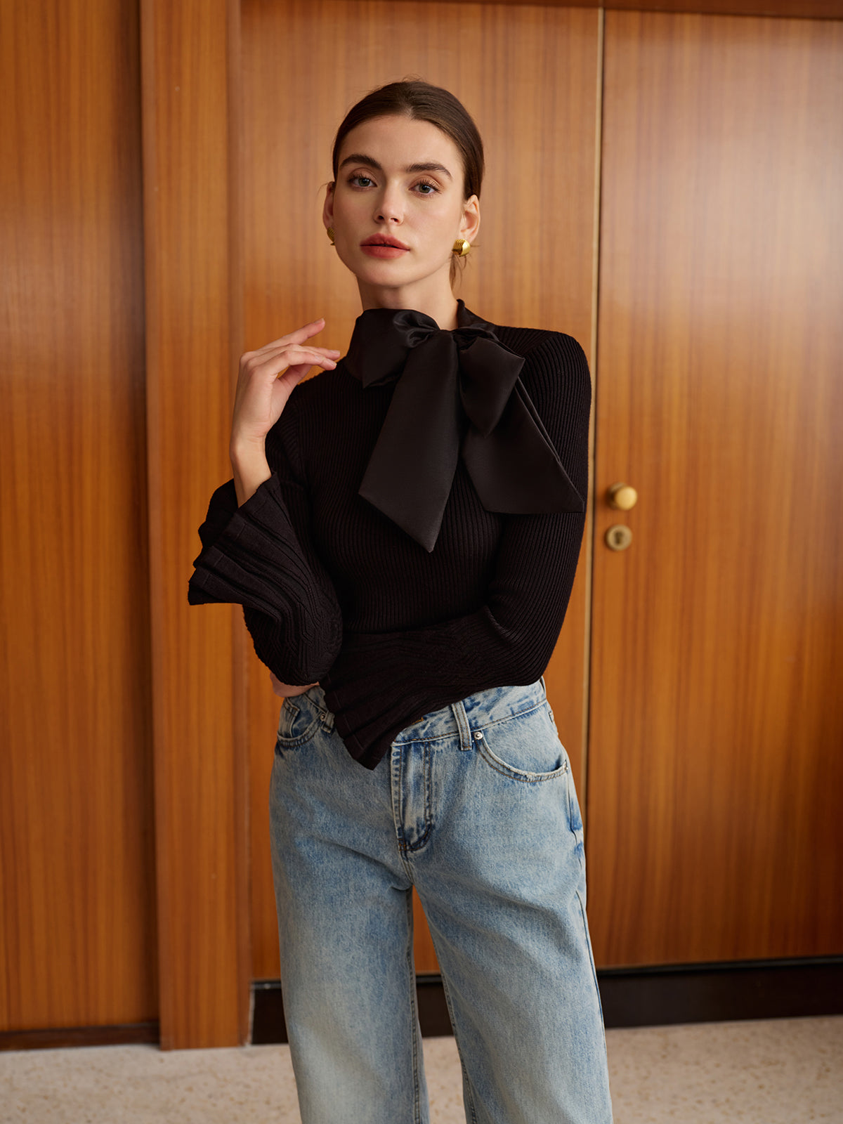 Bow Decor Bell Sleeve Knit Top-Massicos