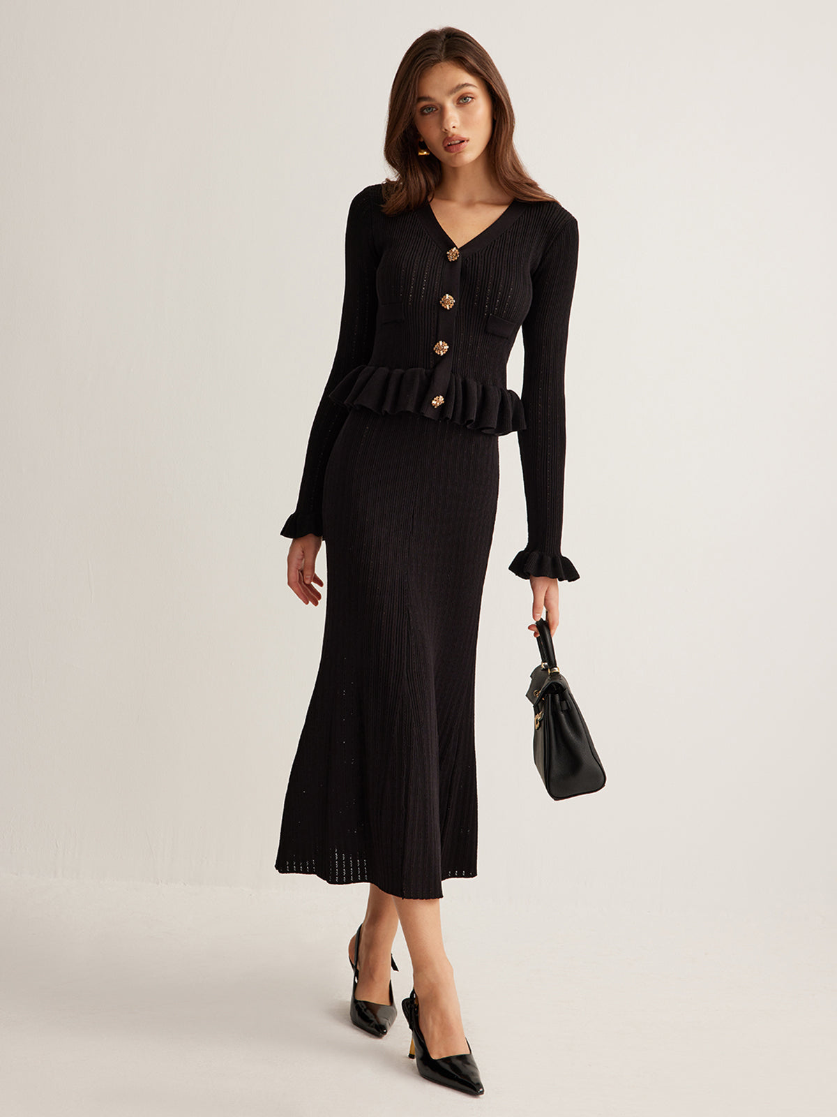 Ruffle Slim Sweater Dress-Massicos