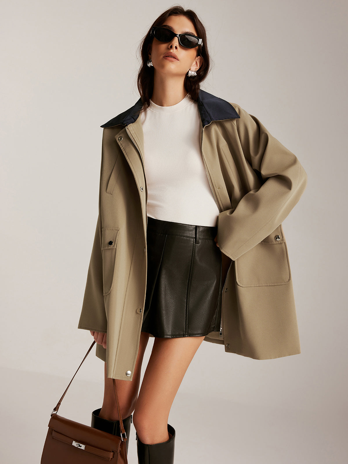 Contrast-Collar Zipper Oversized Trench Coat-Massicos
