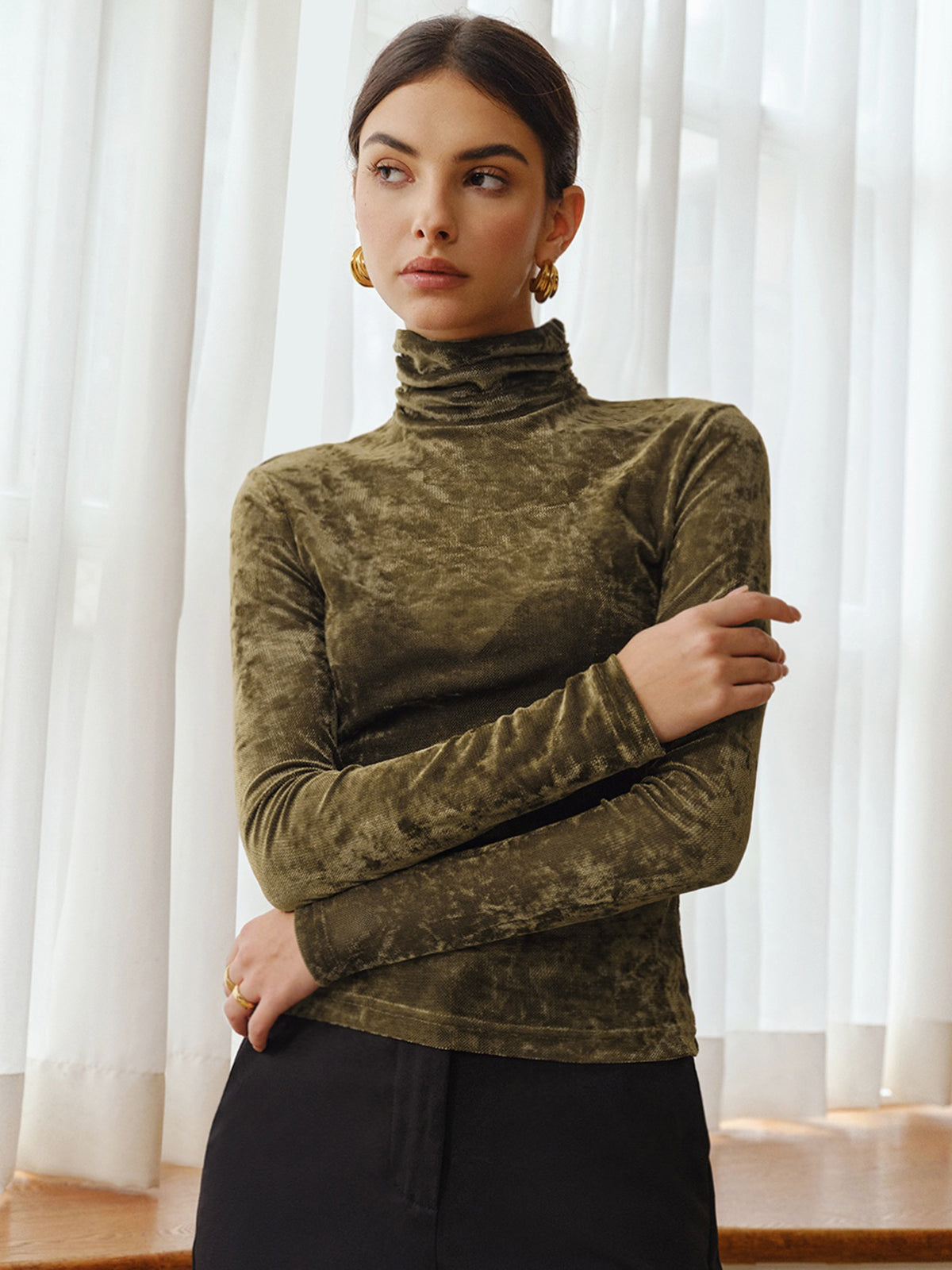 Turtleneck Semi-Sheer Velvet Top-Massicos