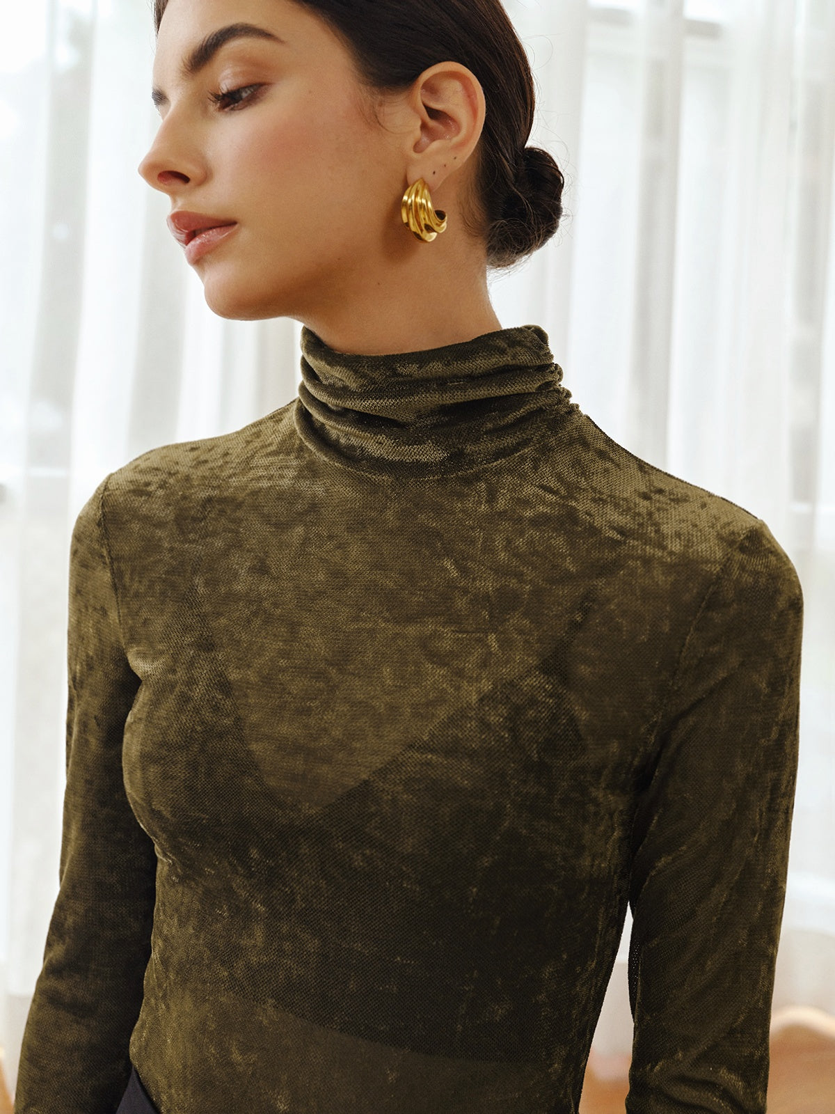 Turtleneck Semi-Sheer Velvet Top-Massicos