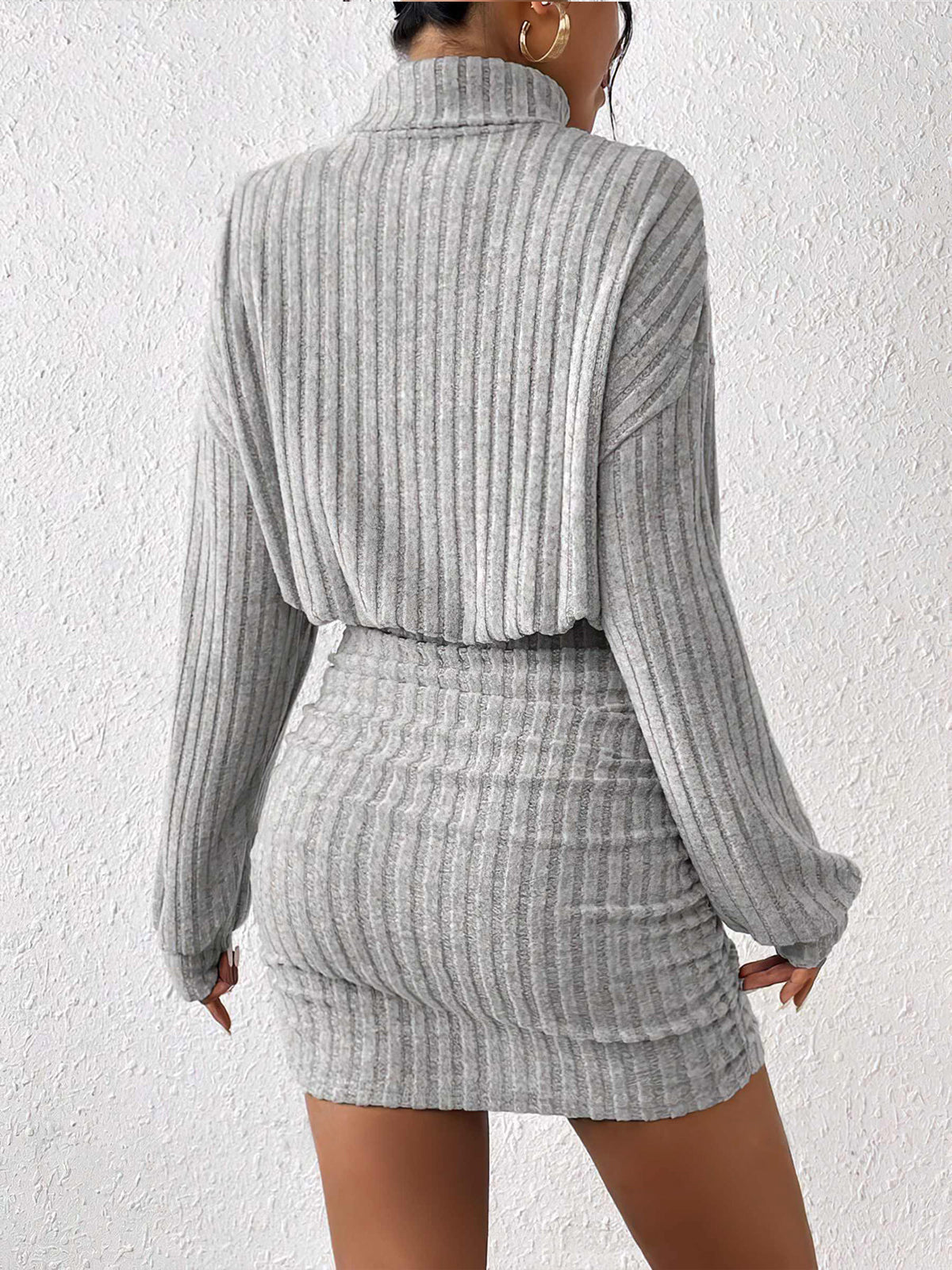 Mock Neck Ribbed Short Dress-Massicos