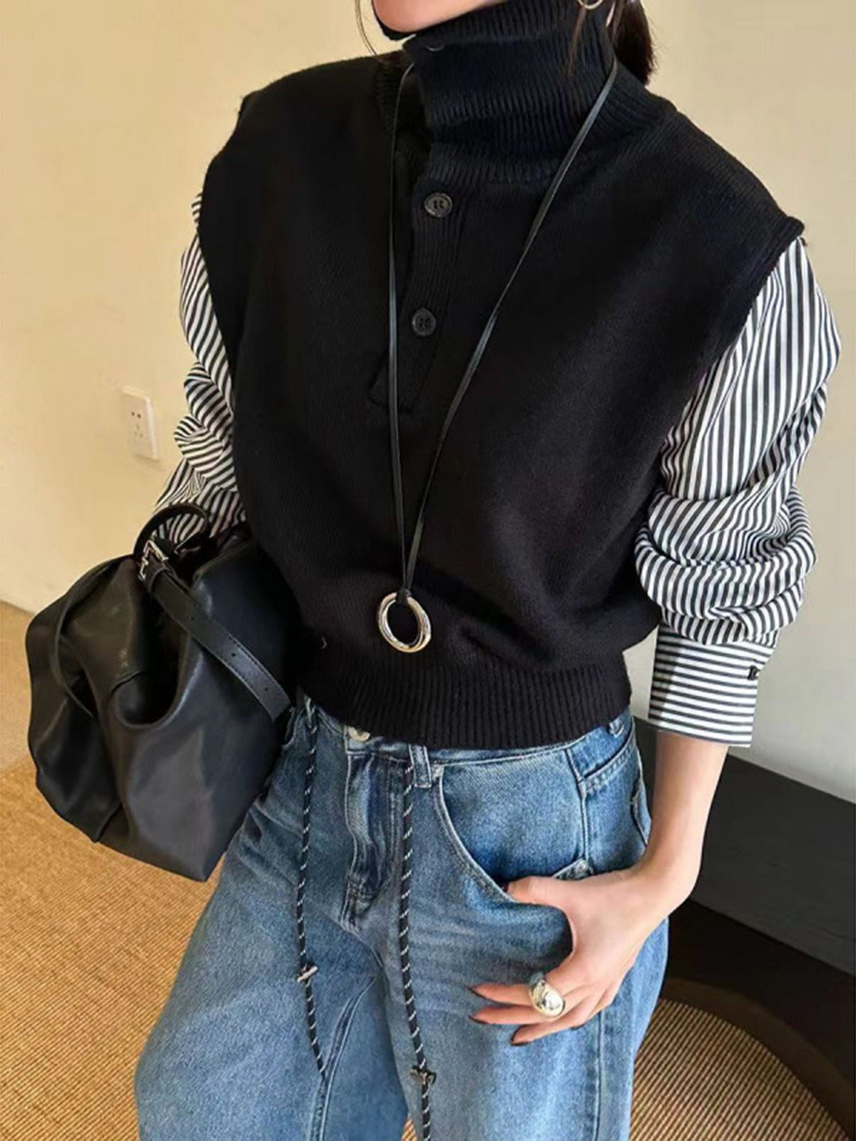 Color Block Panel Lapel Sweater-Massicos