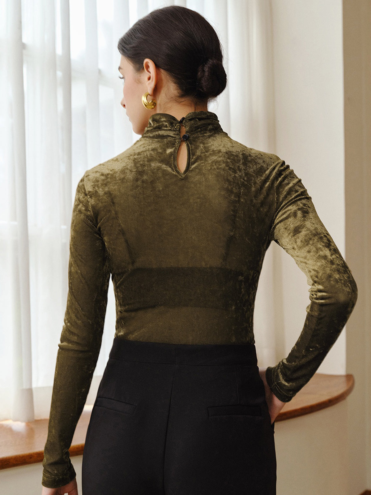 Turtleneck Semi-Sheer Velvet Top-Massicos