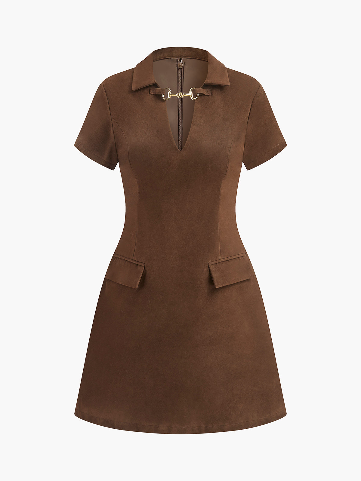 V-Neck Short Sleeve Suede Dress-Massicos