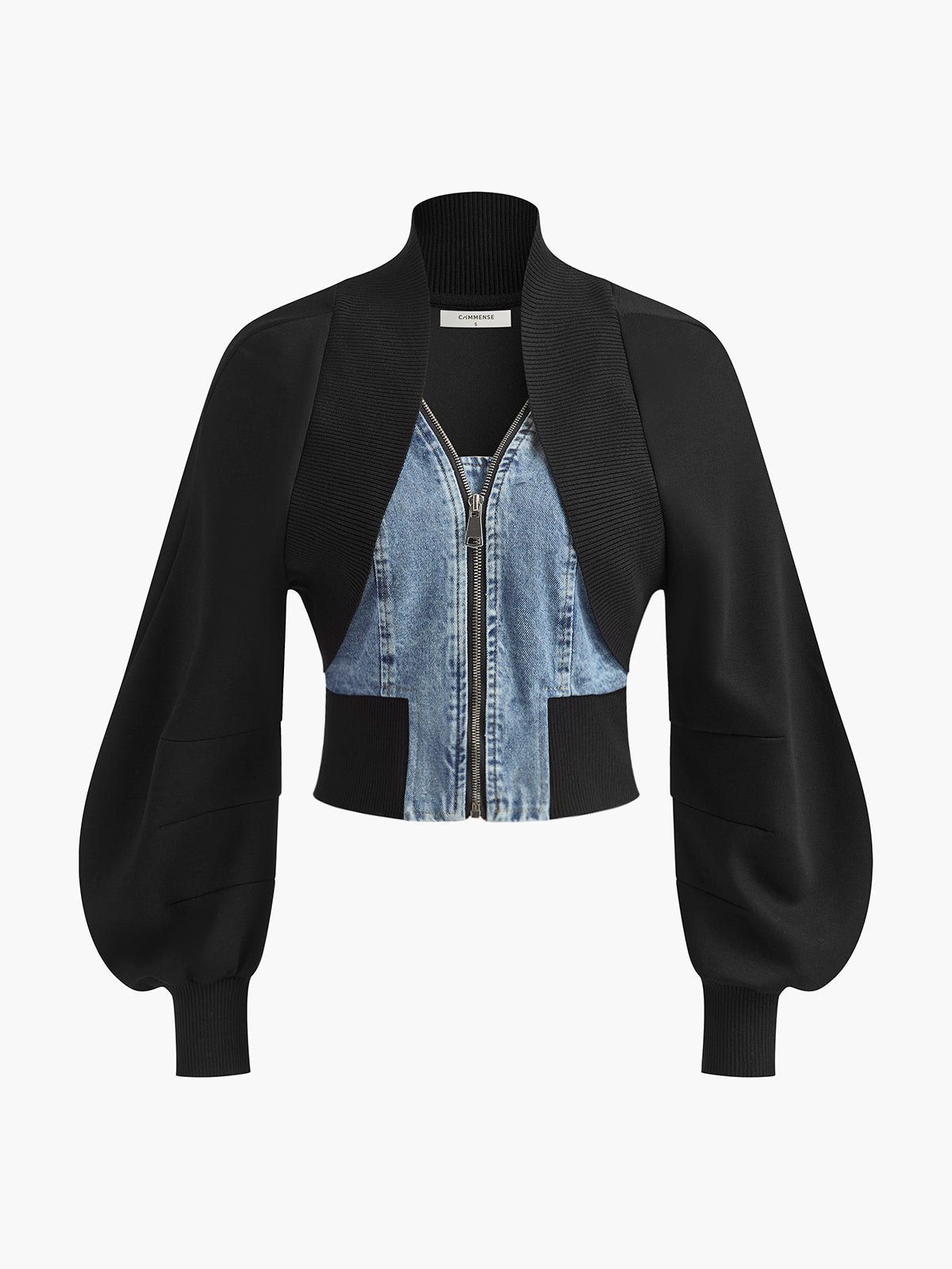 Puff-Sleeve Denim Panel Slim Jacket-Massicos