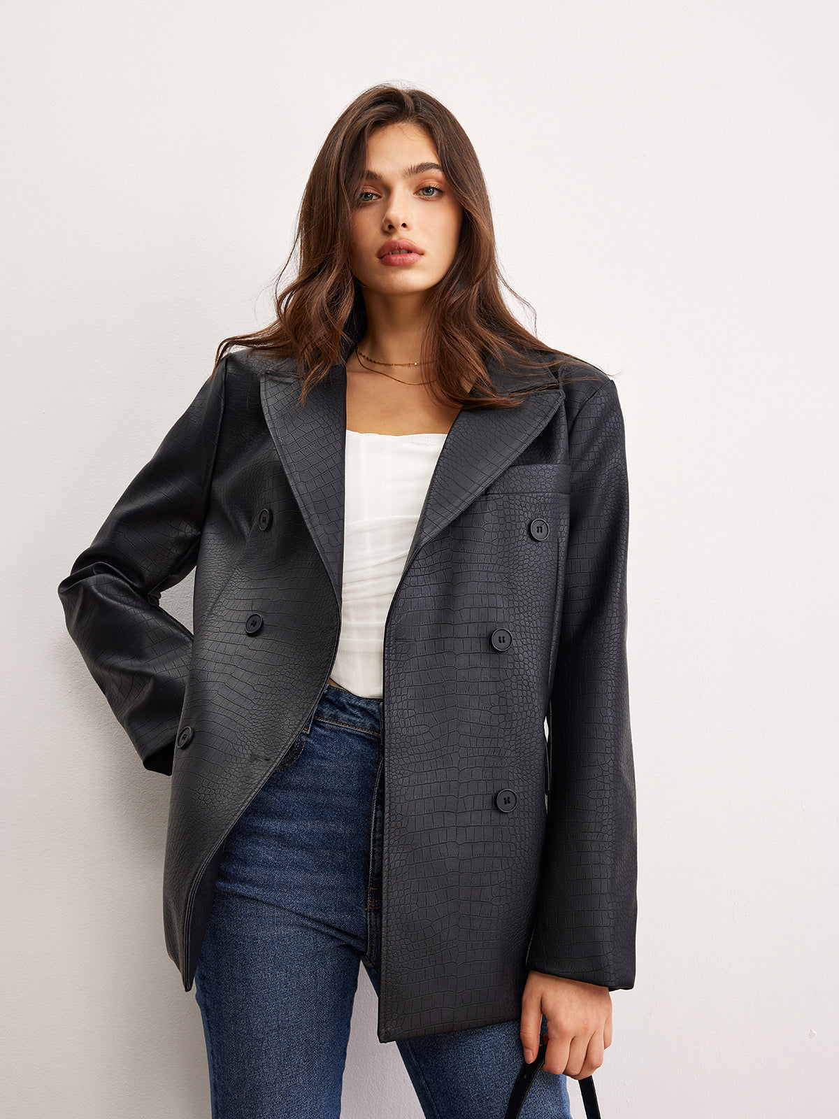 Crocodile PU Leather Button Blazer-Massicos