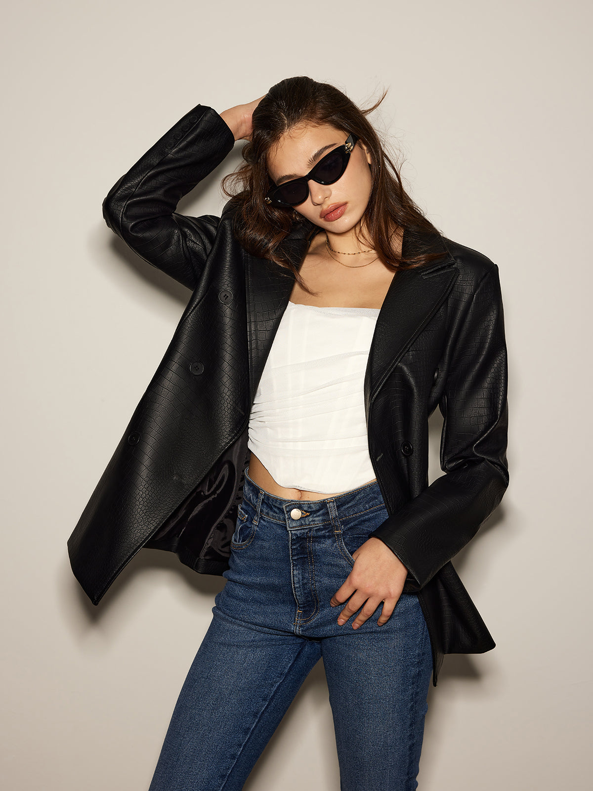 Crocodile PU Leather Button Blazer-Massicos