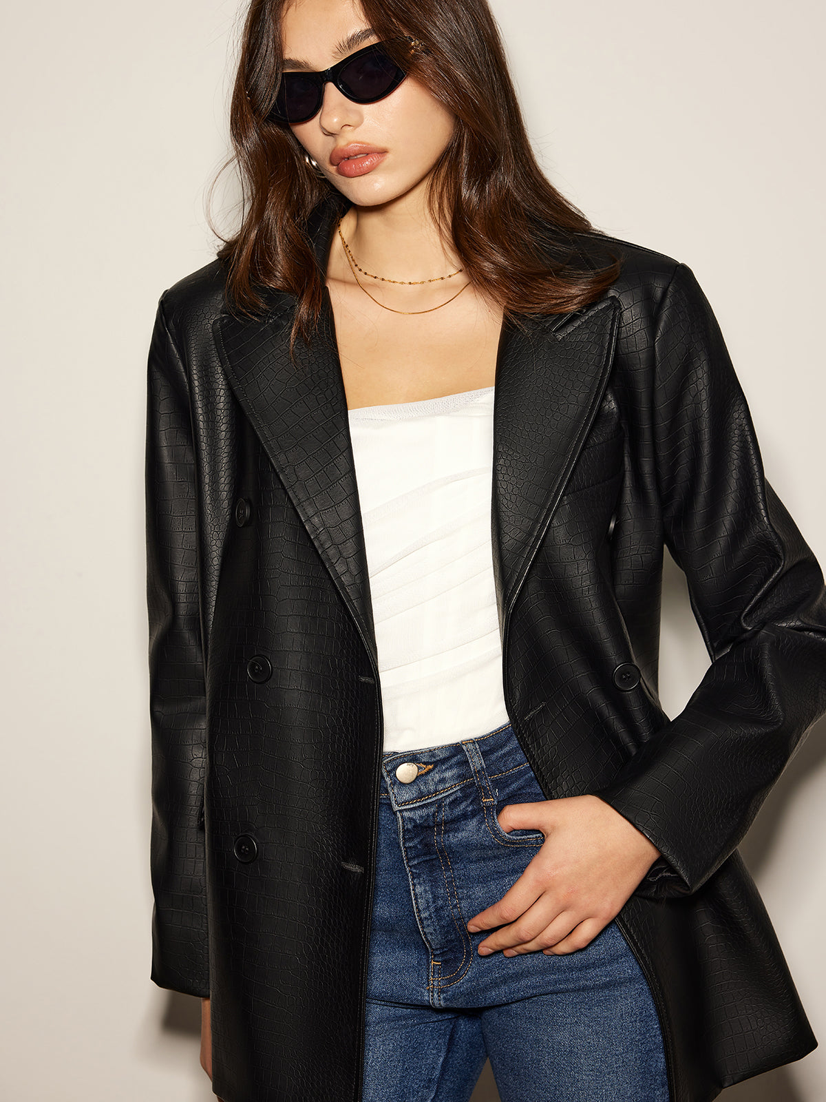 Crocodile PU Leather Button Blazer-Massicos