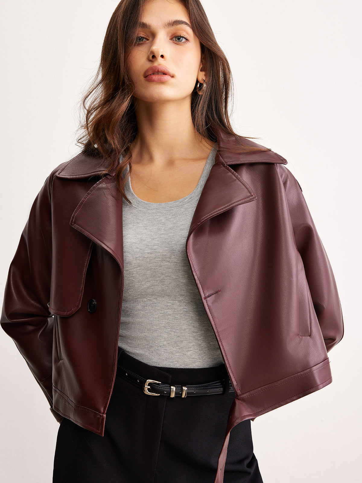 Faux Leather Belted Short Jacket-Massicos
