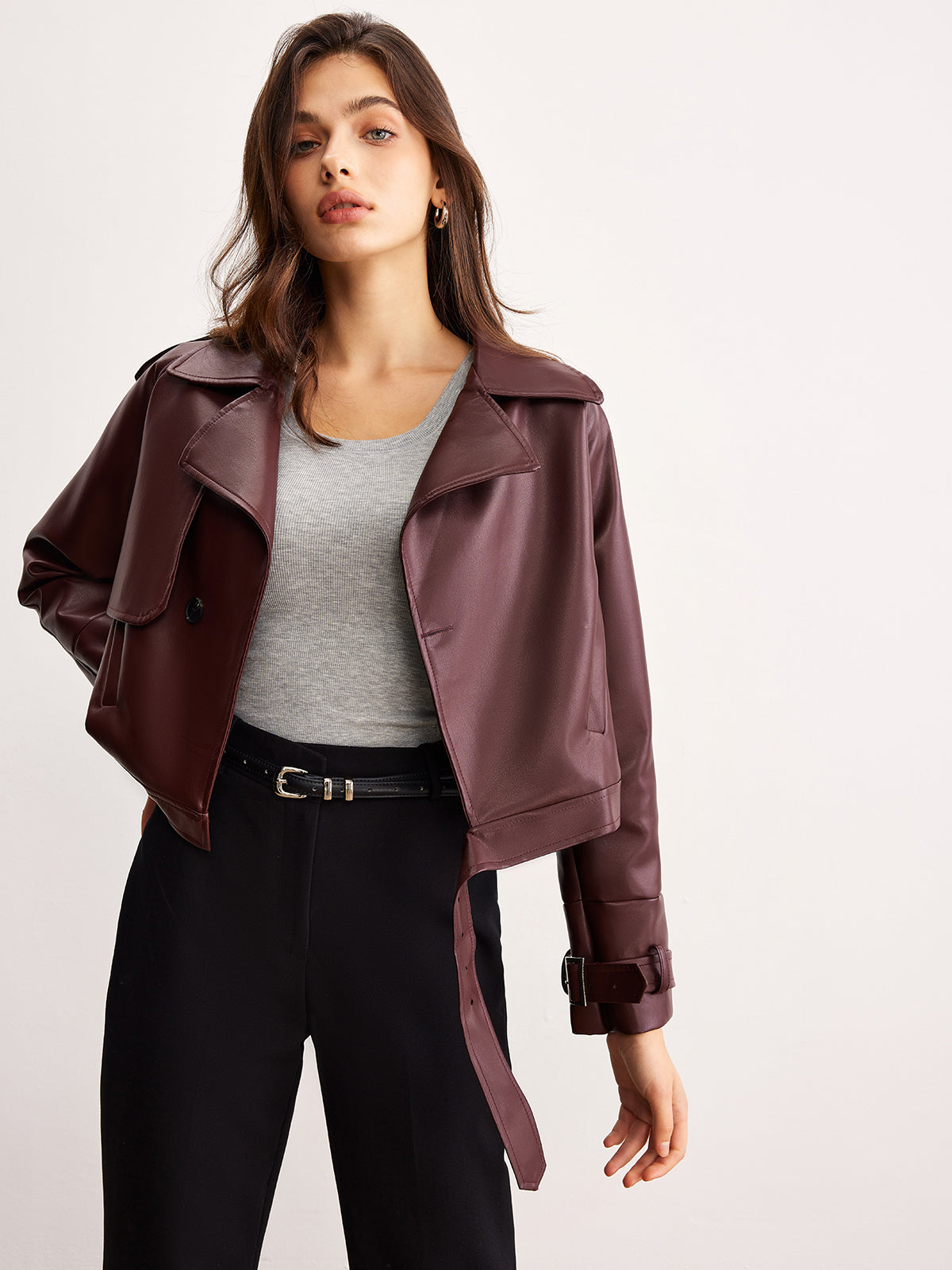 Faux Leather Belted Short Jacket-Massicos