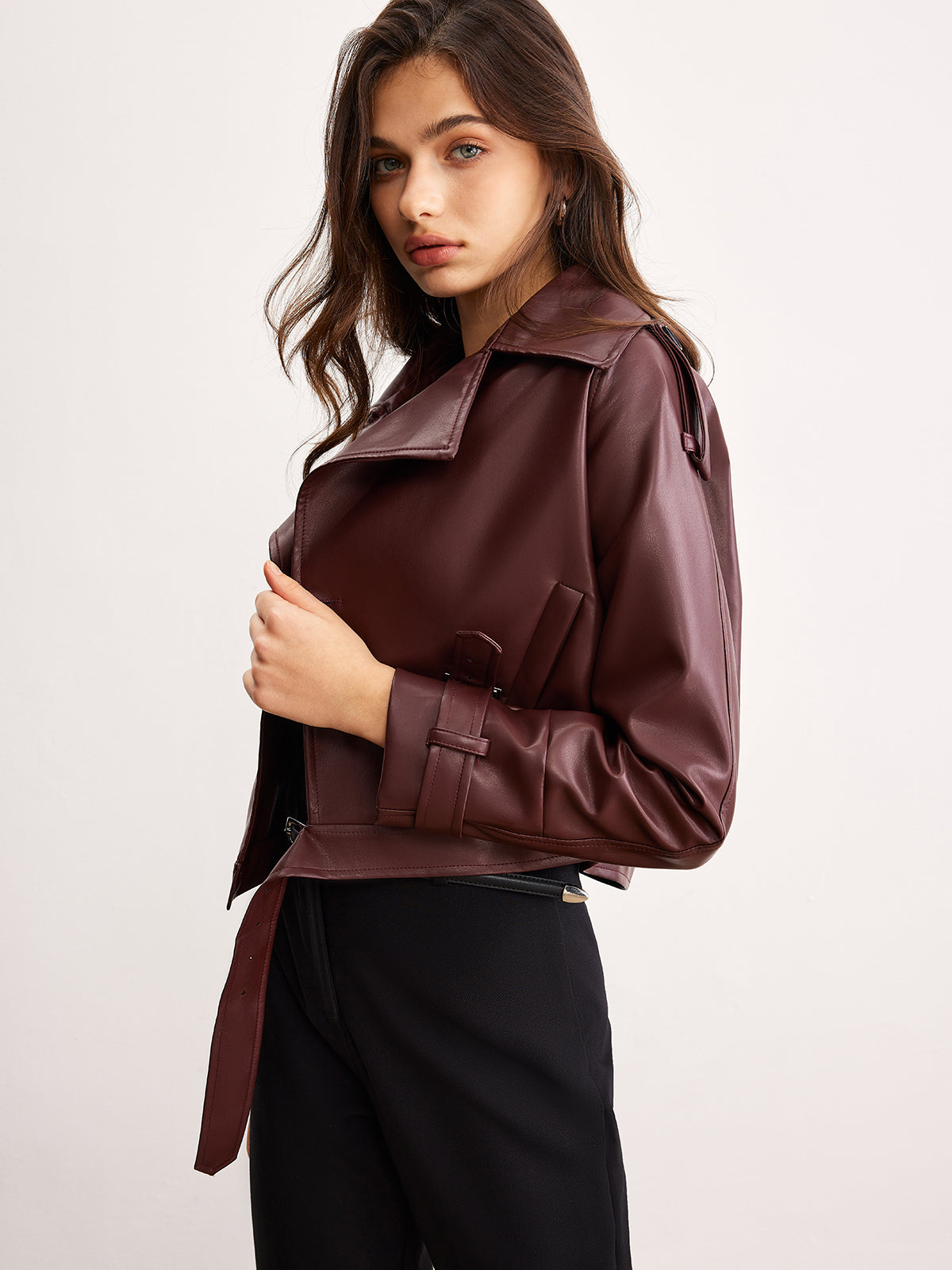Faux Leather Belted Short Jacket-Massicos