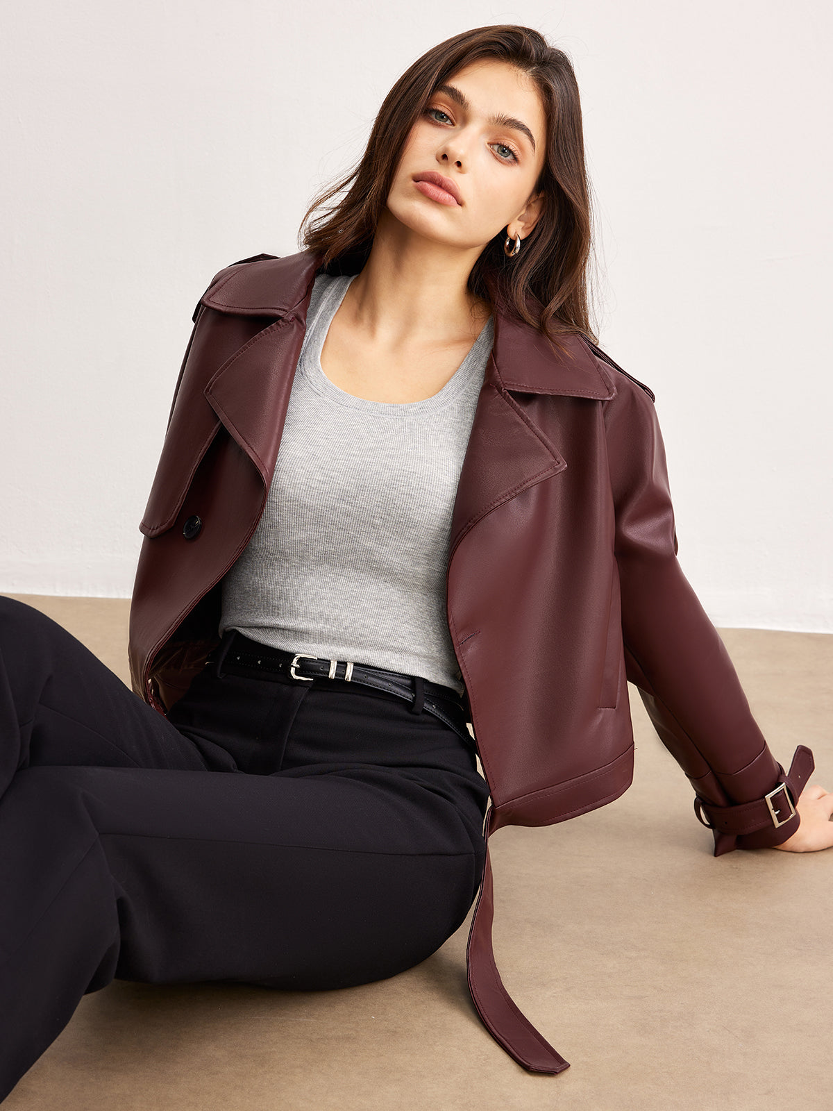 Faux Leather Belted Short Jacket-Massicos